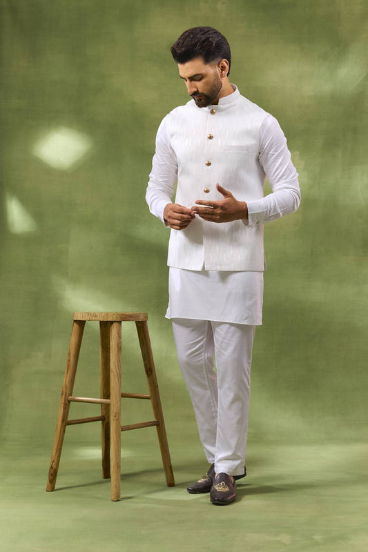 White Jacquard Jacket Kurta Set