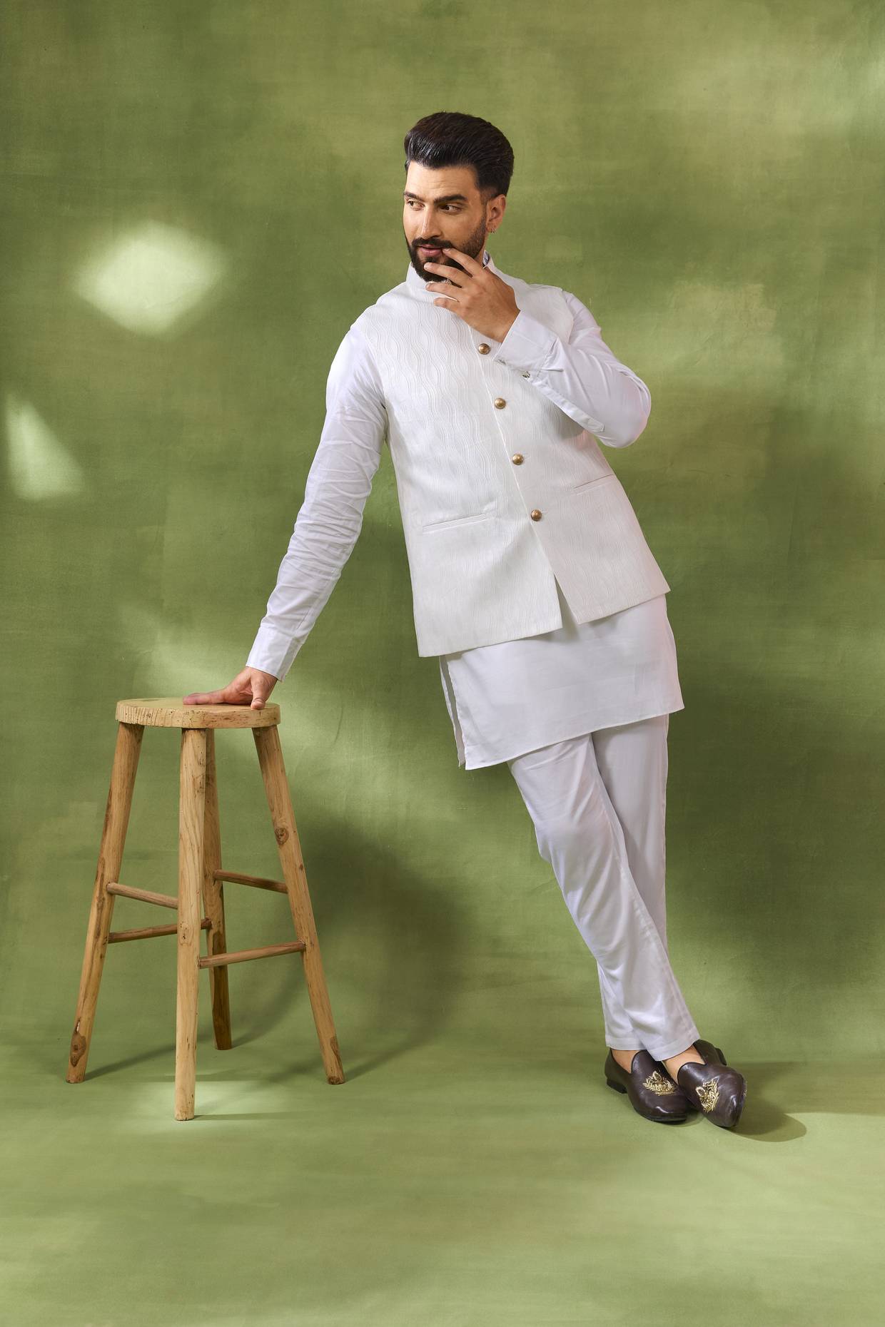White Jacquard Jacket Kurta Set