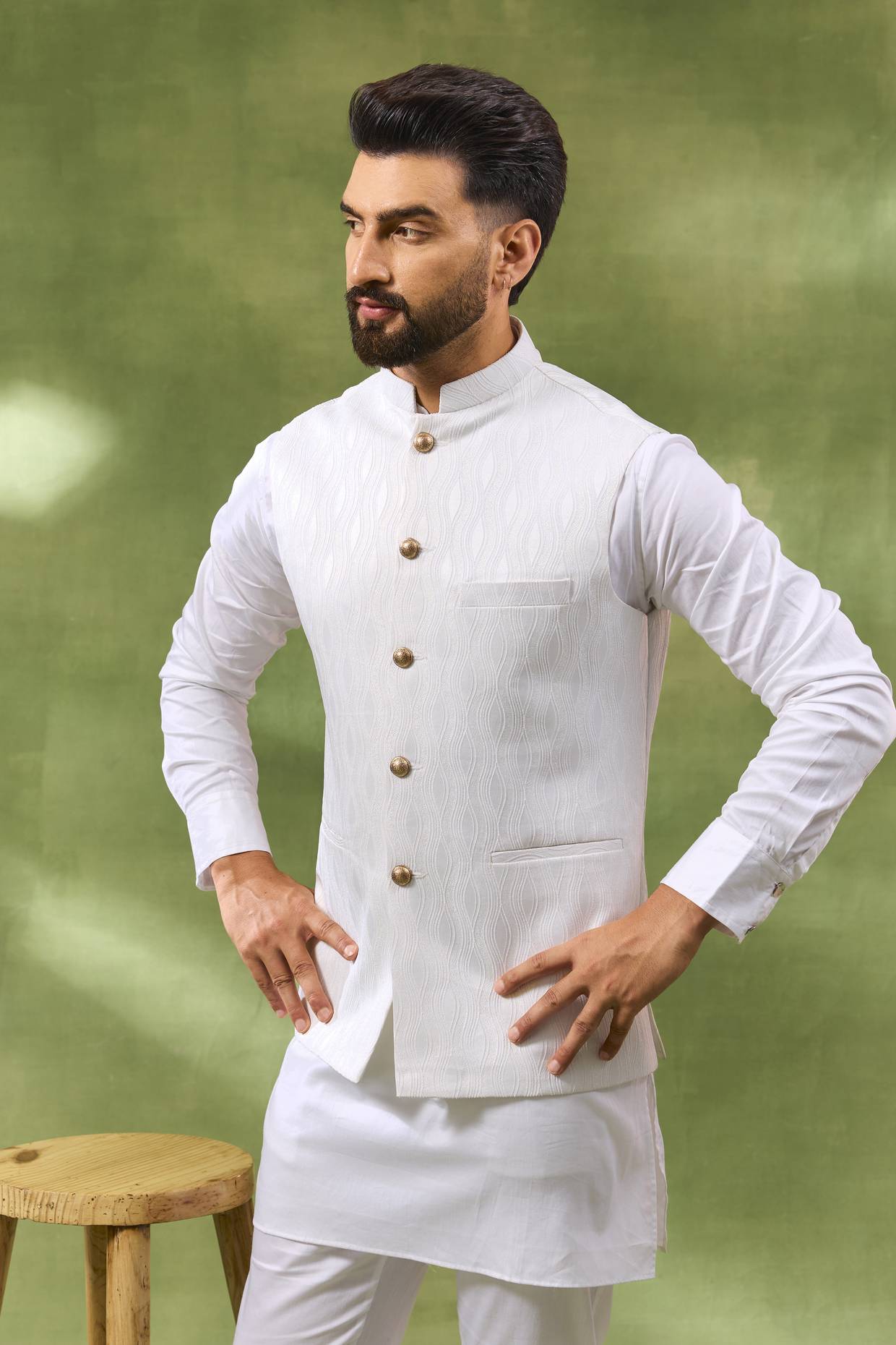 White Jacquard Jacket Kurta Set