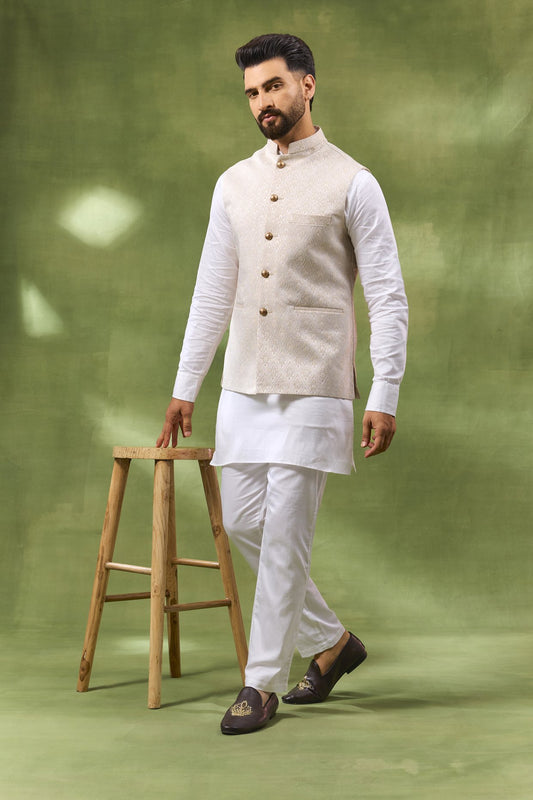 Ivory Jacquard Jacket Kurta Set