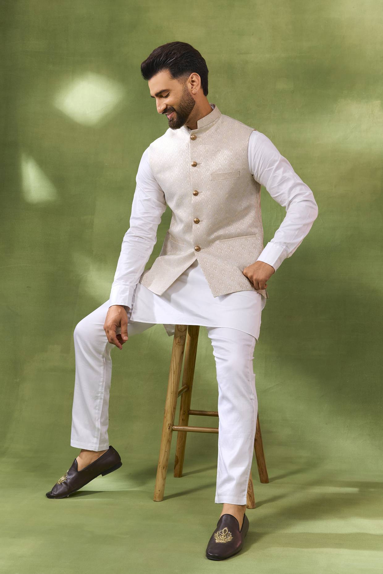Ivory Jacquard Jacket Kurta Set