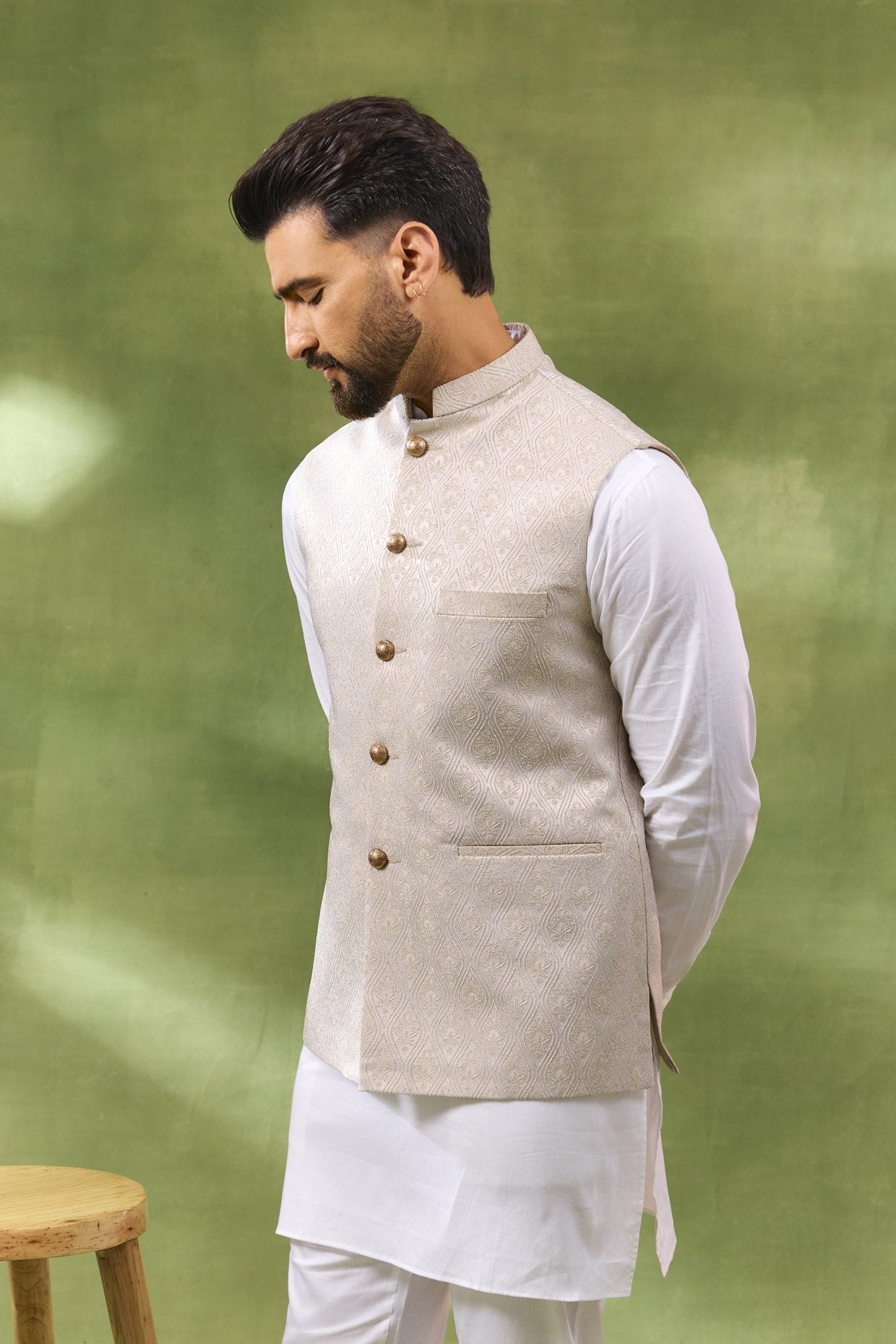Ivory Jacquard Jacket Kurta Set