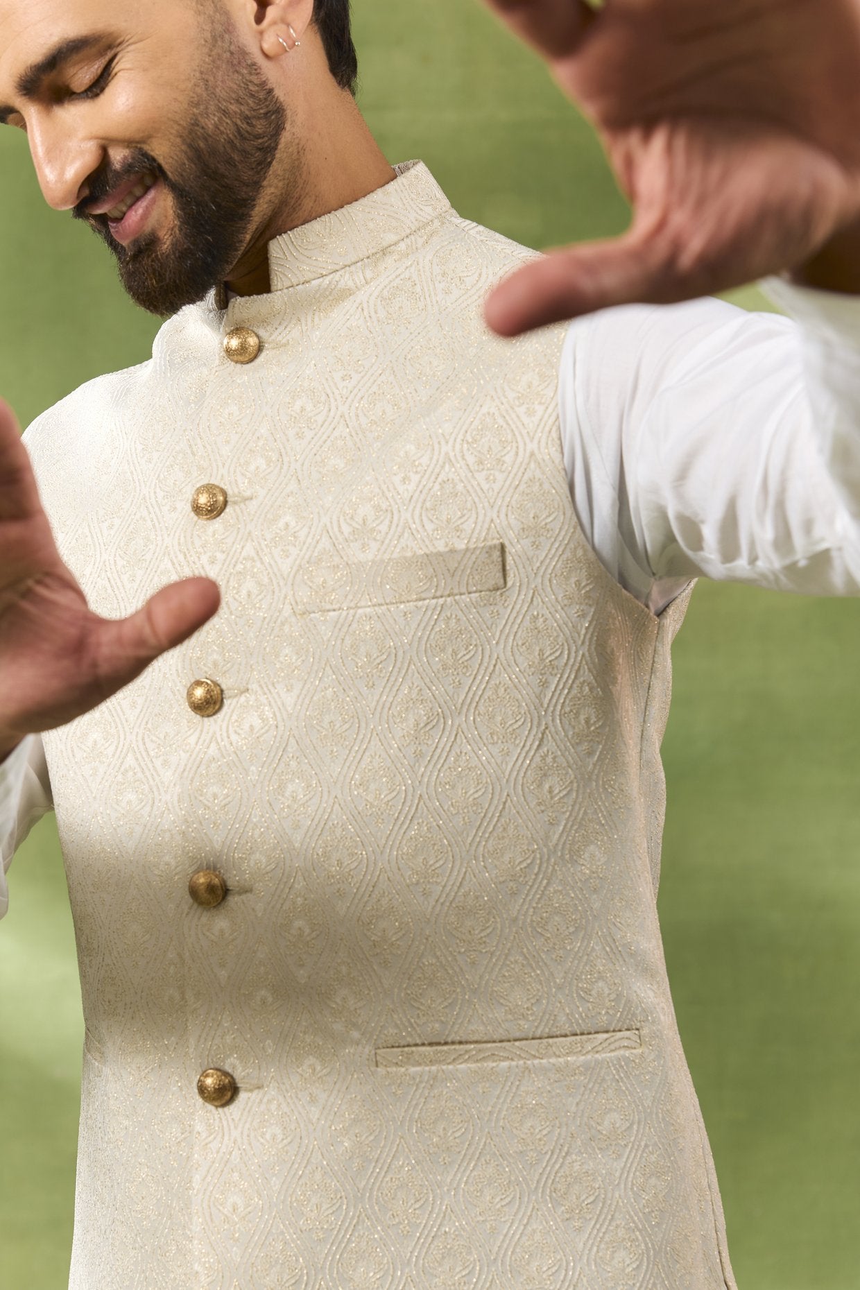 Ivory Jacquard Jacket Kurta Set