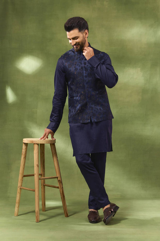 Navy Floral Jacquard Jacket Kurta Set