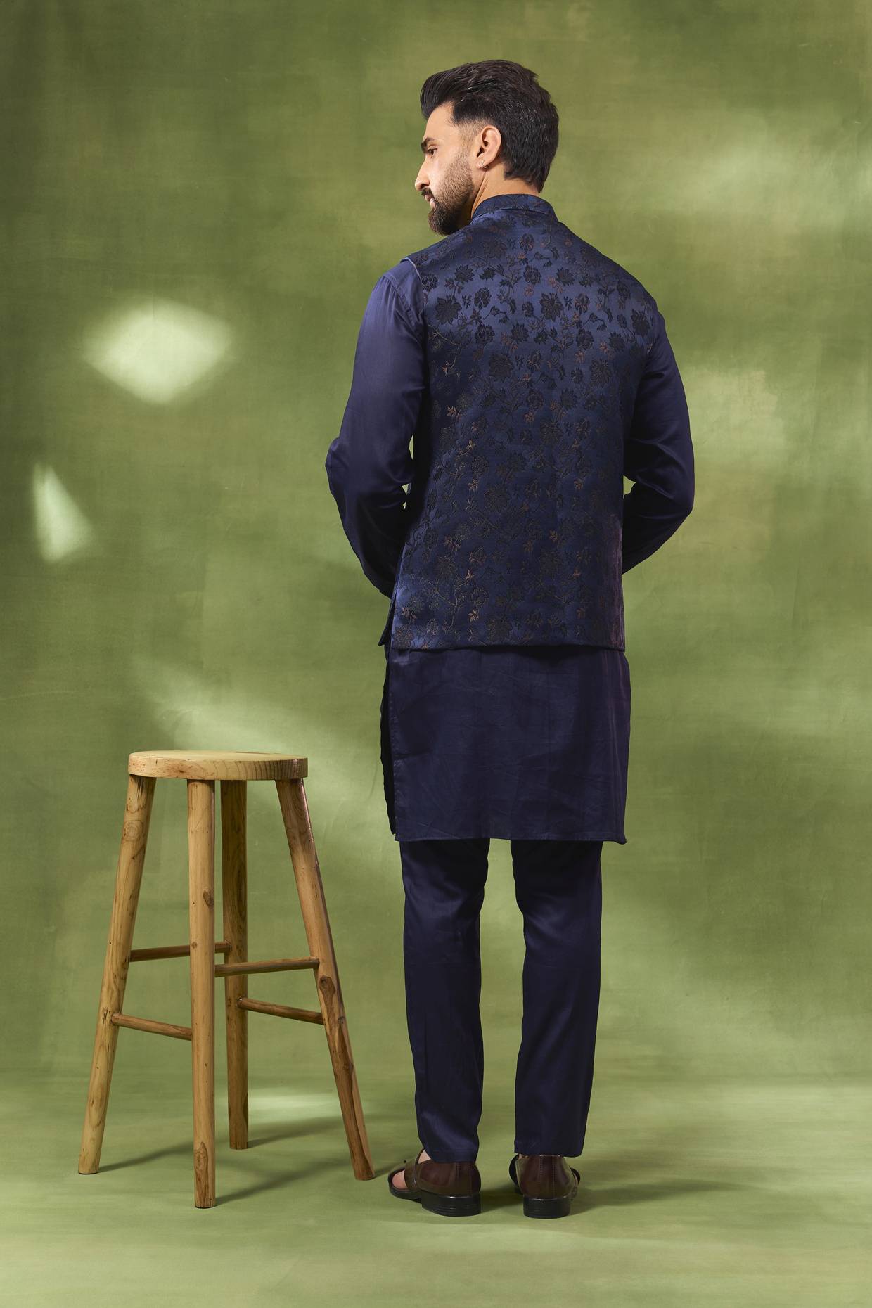 Navy Floral Jacquard Jacket Kurta Set