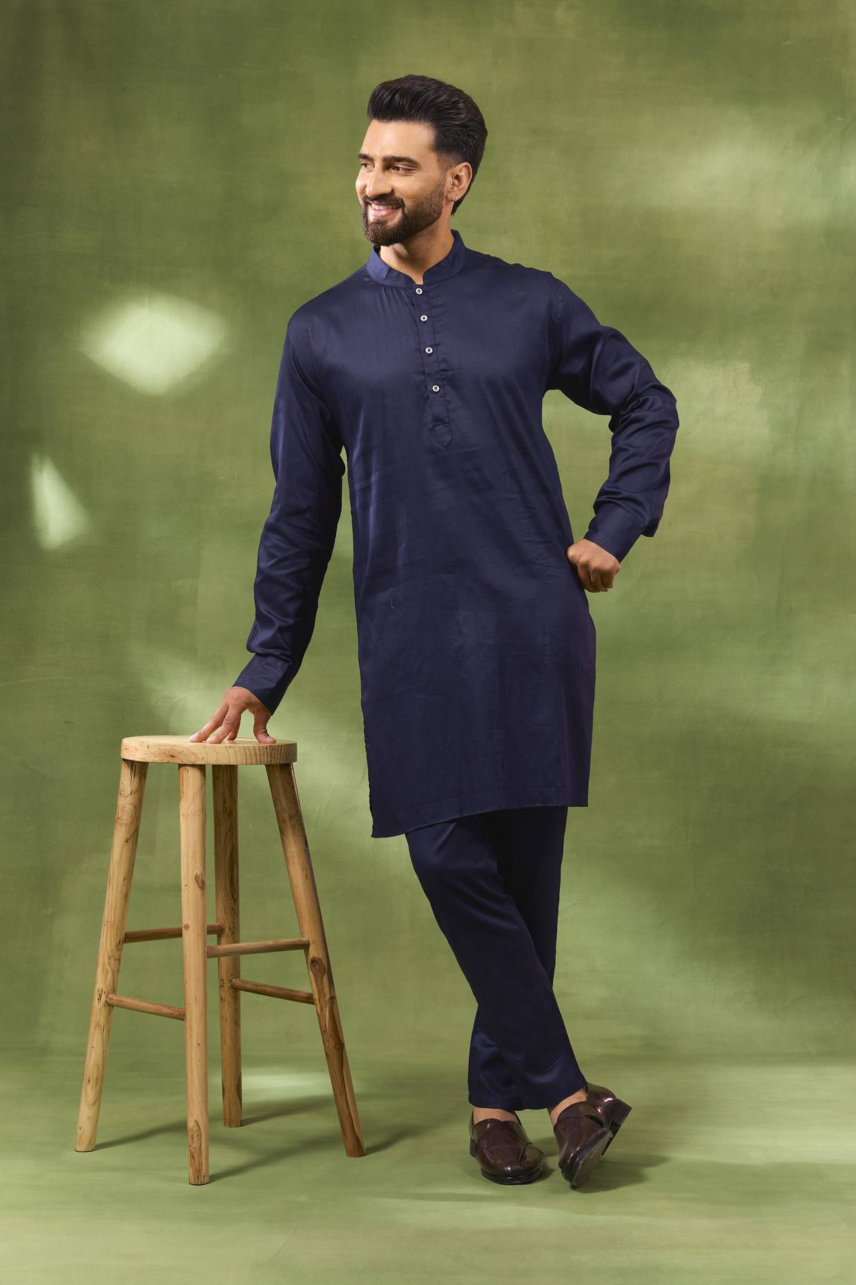 Navy Floral Jacquard Jacket Kurta Set