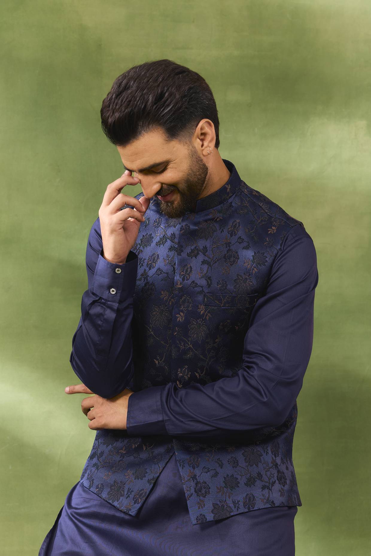 Navy Floral Jacquard Jacket Kurta Set