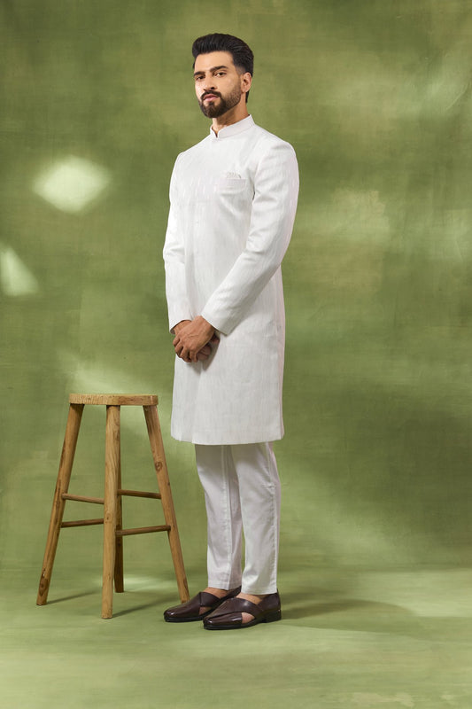 White Jacquard Sherwani Set