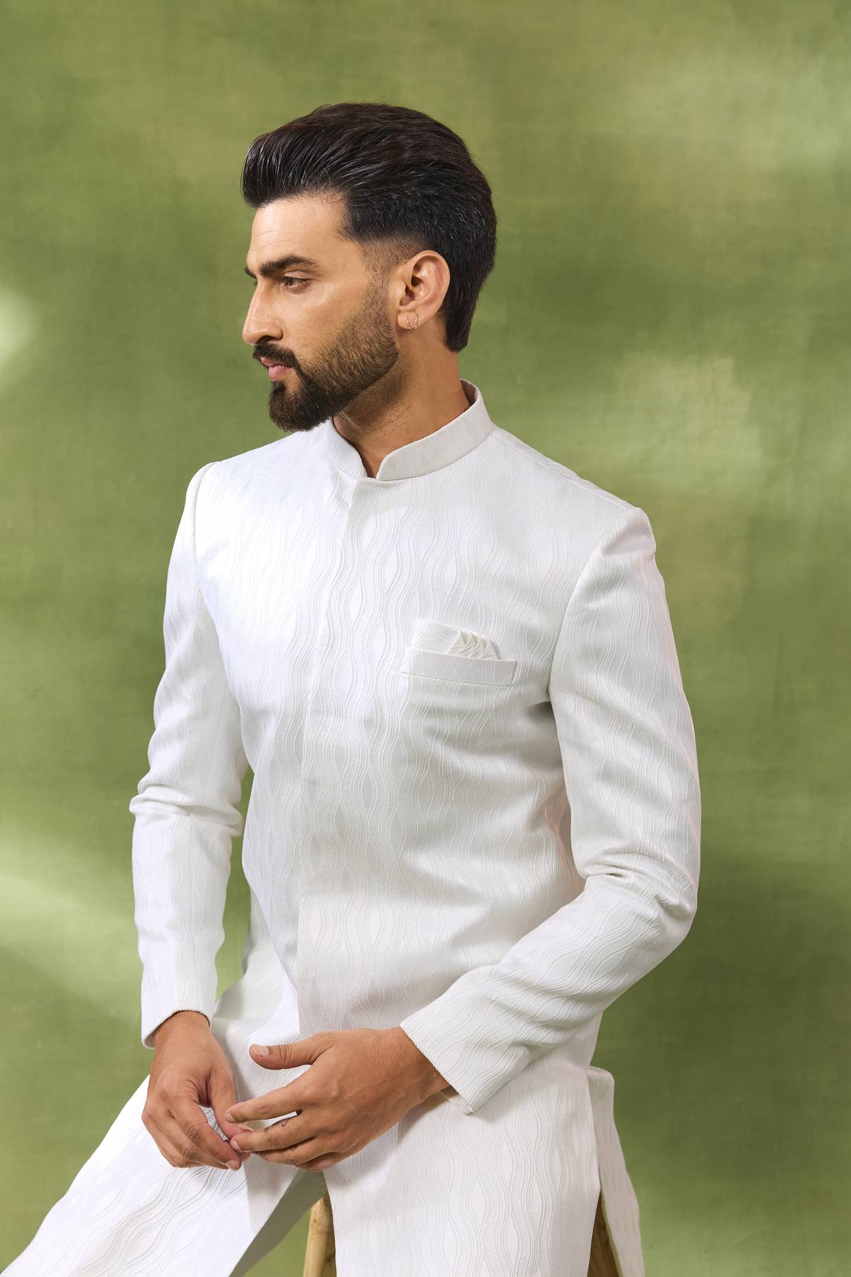 White Jacquard Sherwani Set