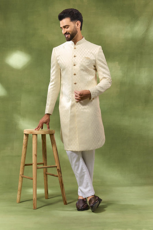 Cream Jacquard Sherwani Set