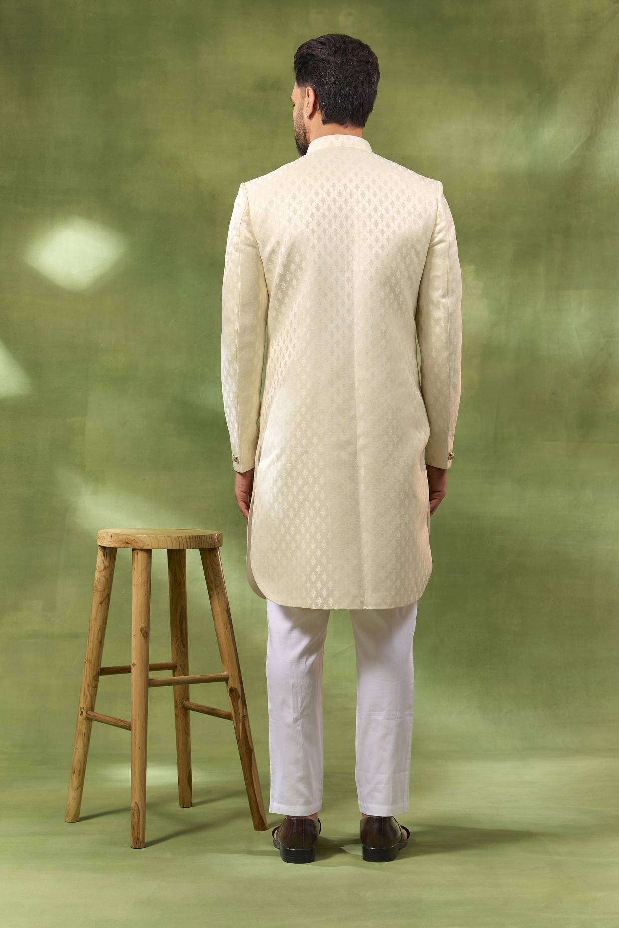Cream Jacquard Sherwani Set