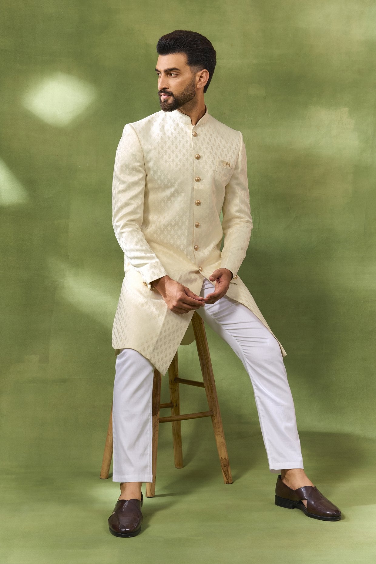Cream Jacquard Sherwani Set