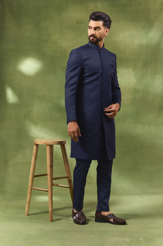 Navy Geometric Embroidered Sherwani Set