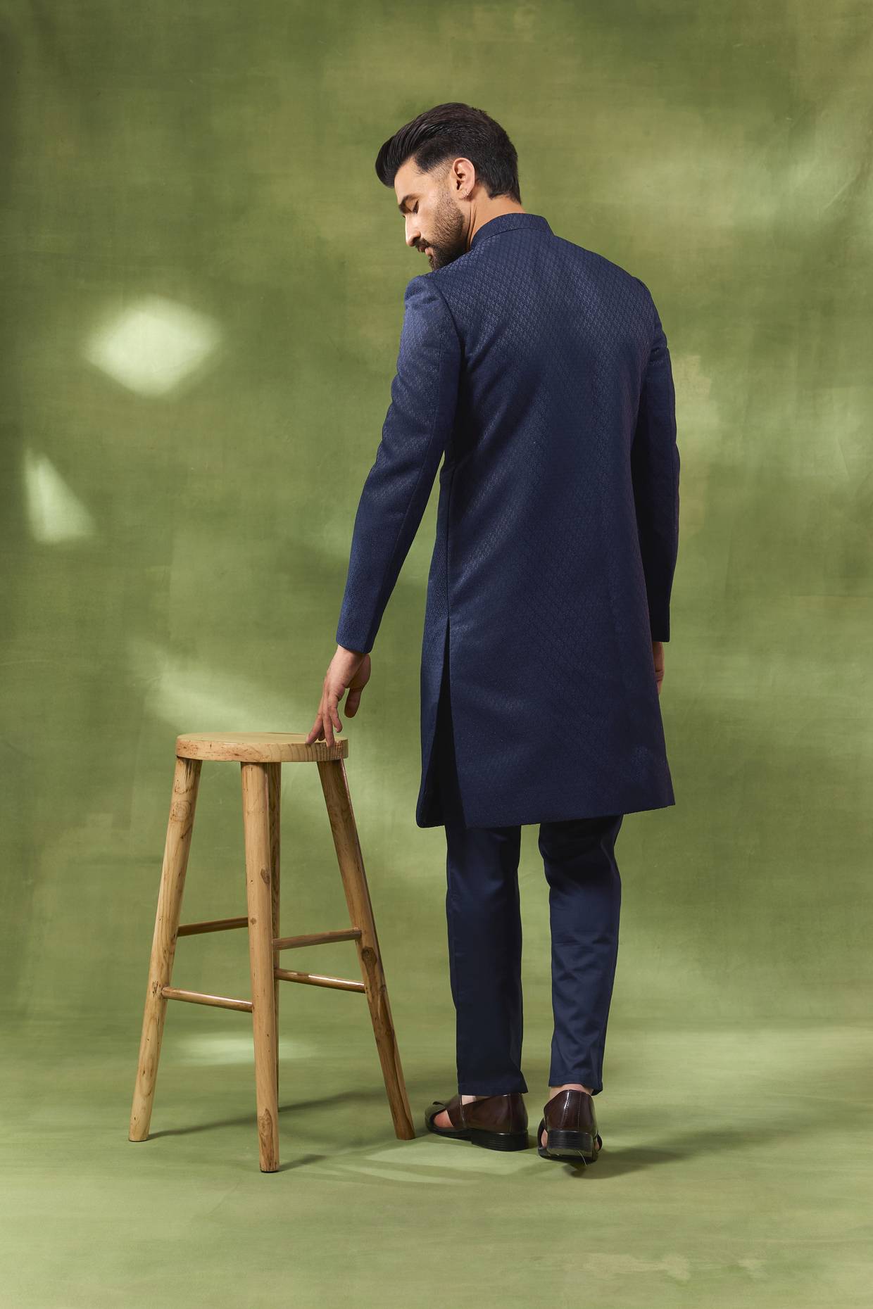 Navy Geometric Embroidered Sherwani Set