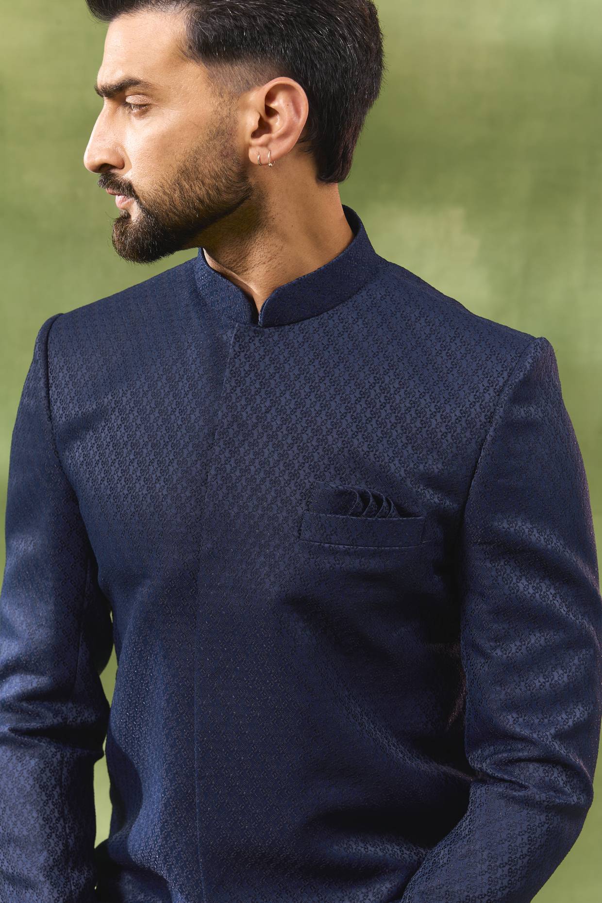 Navy Geometric Embroidered Sherwani Set