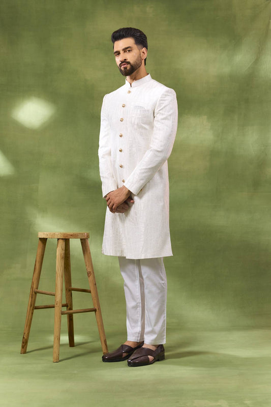 White Large Embroidered Sherwani Set