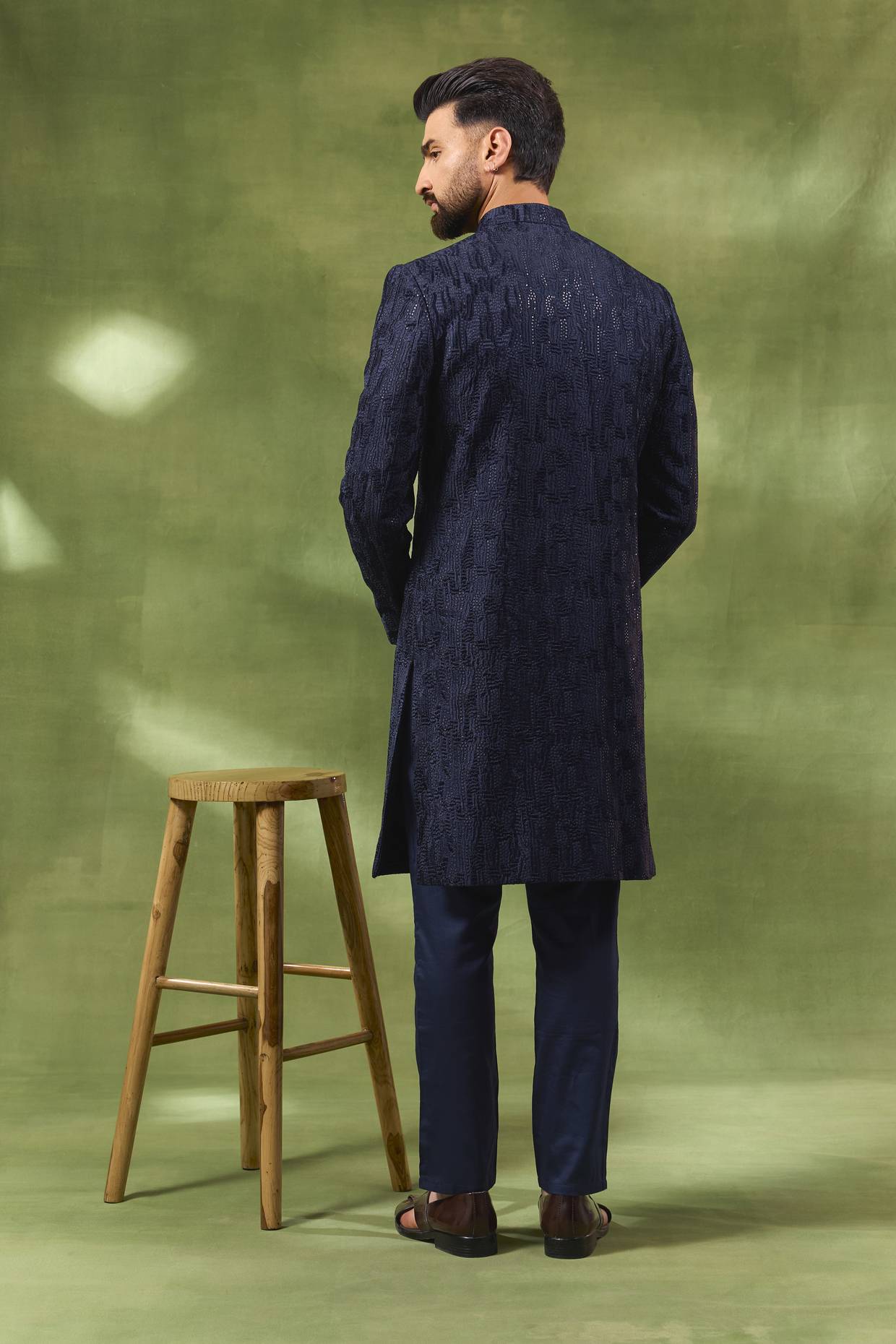 Dark Navy Sequin Embroidered Sherwani Set