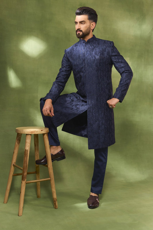 Dark Navy Sequin Embroidered Sherwani Set