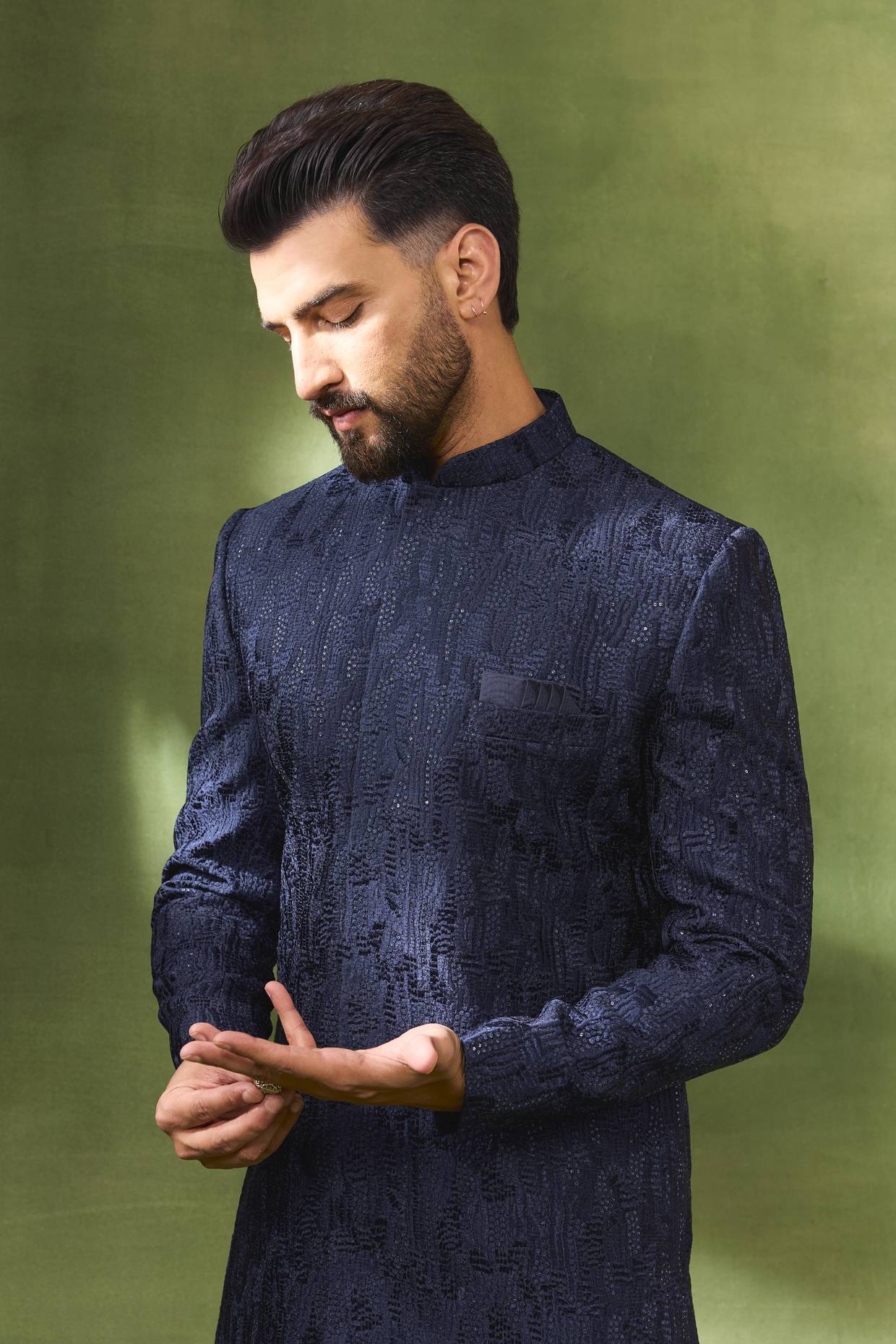 Dark Navy Sequin Embroidered Sherwani Set