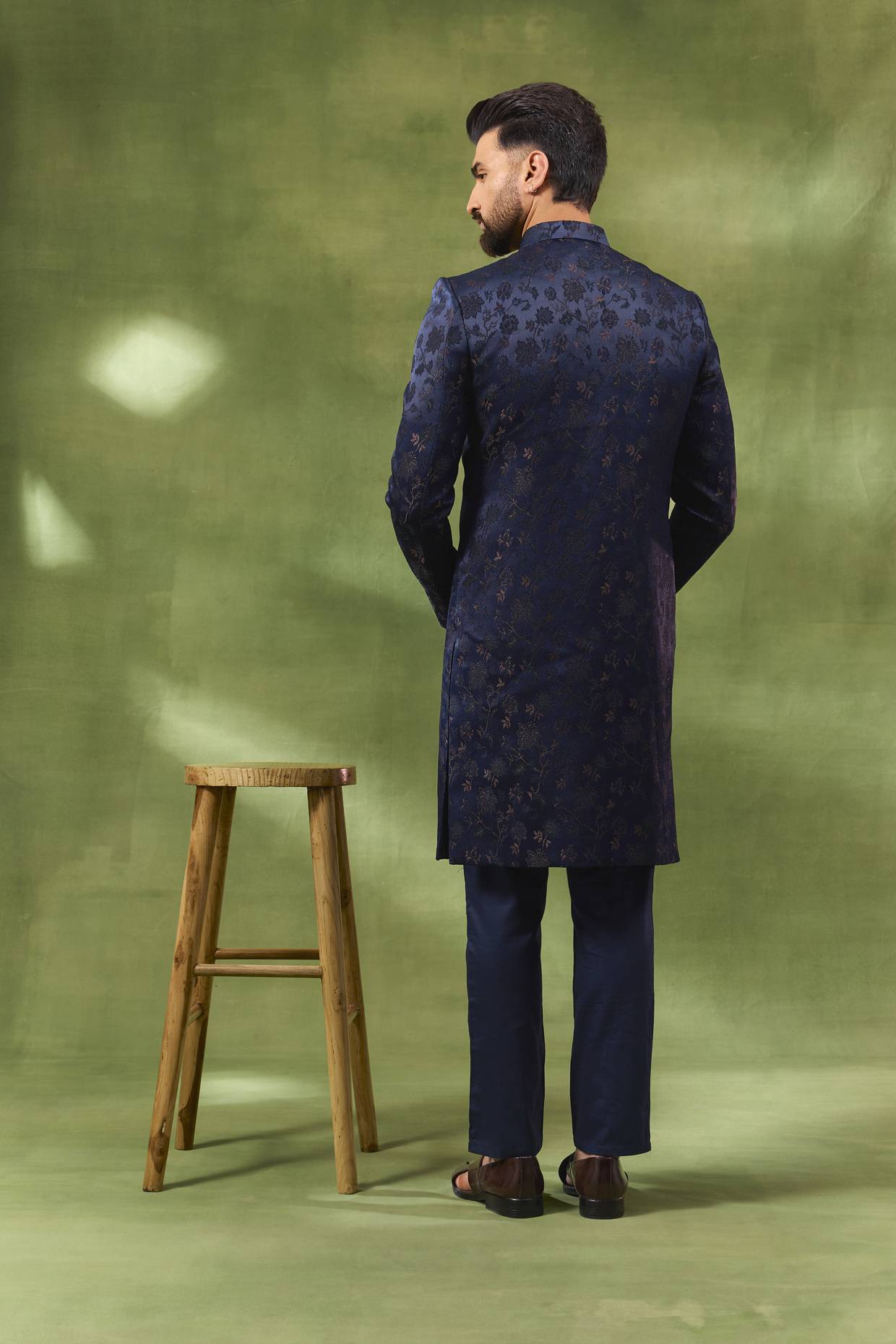 Navy & Gold Floral Jacquard Sherwani Set