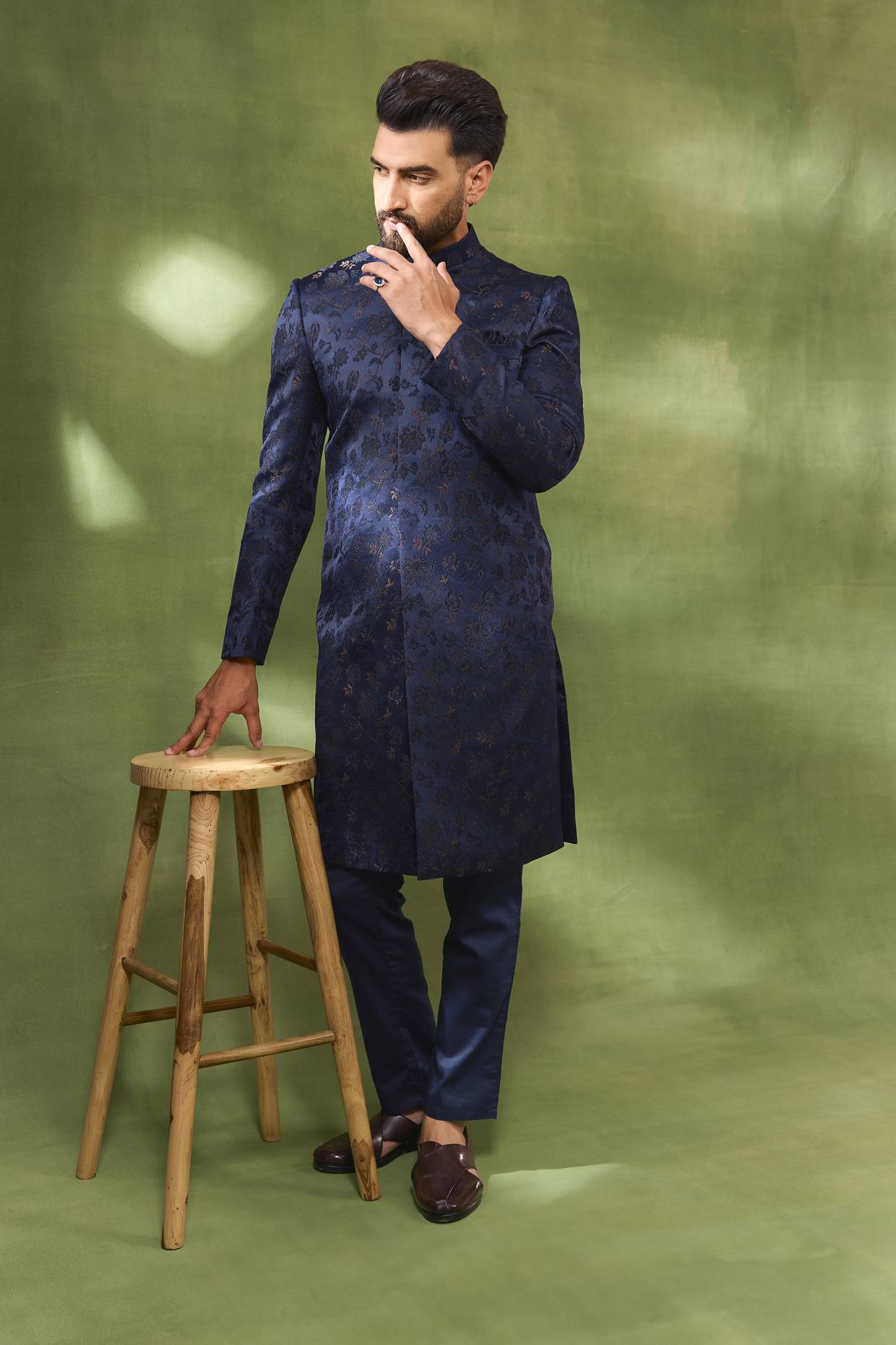 Navy & Gold Floral Jacquard Sherwani Set