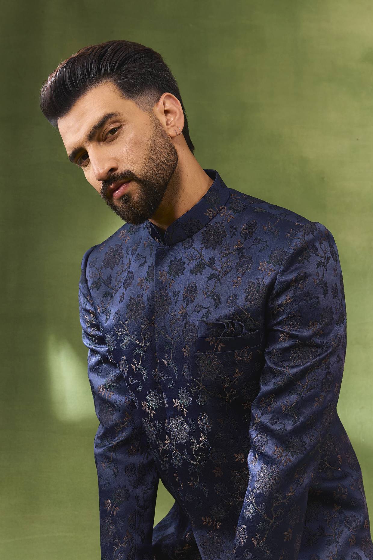 Navy & Gold Floral Jacquard Sherwani Set