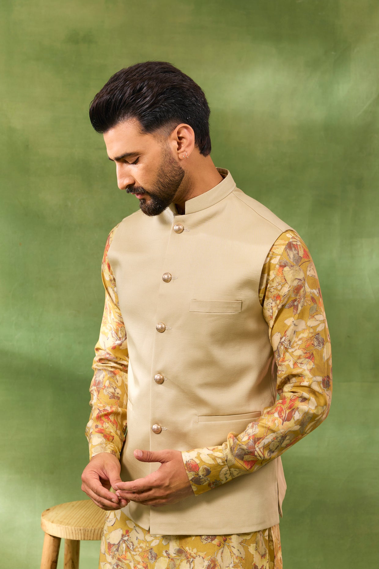 Yellow Floral Print Jacket Kurta Set