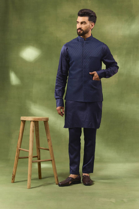 Navy Jacquard Jacket Kurta Set