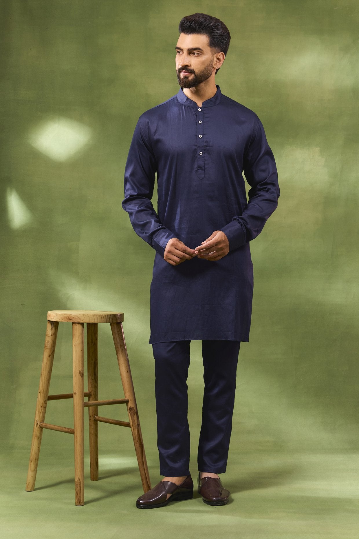 Navy Jacquard Jacket Kurta Set