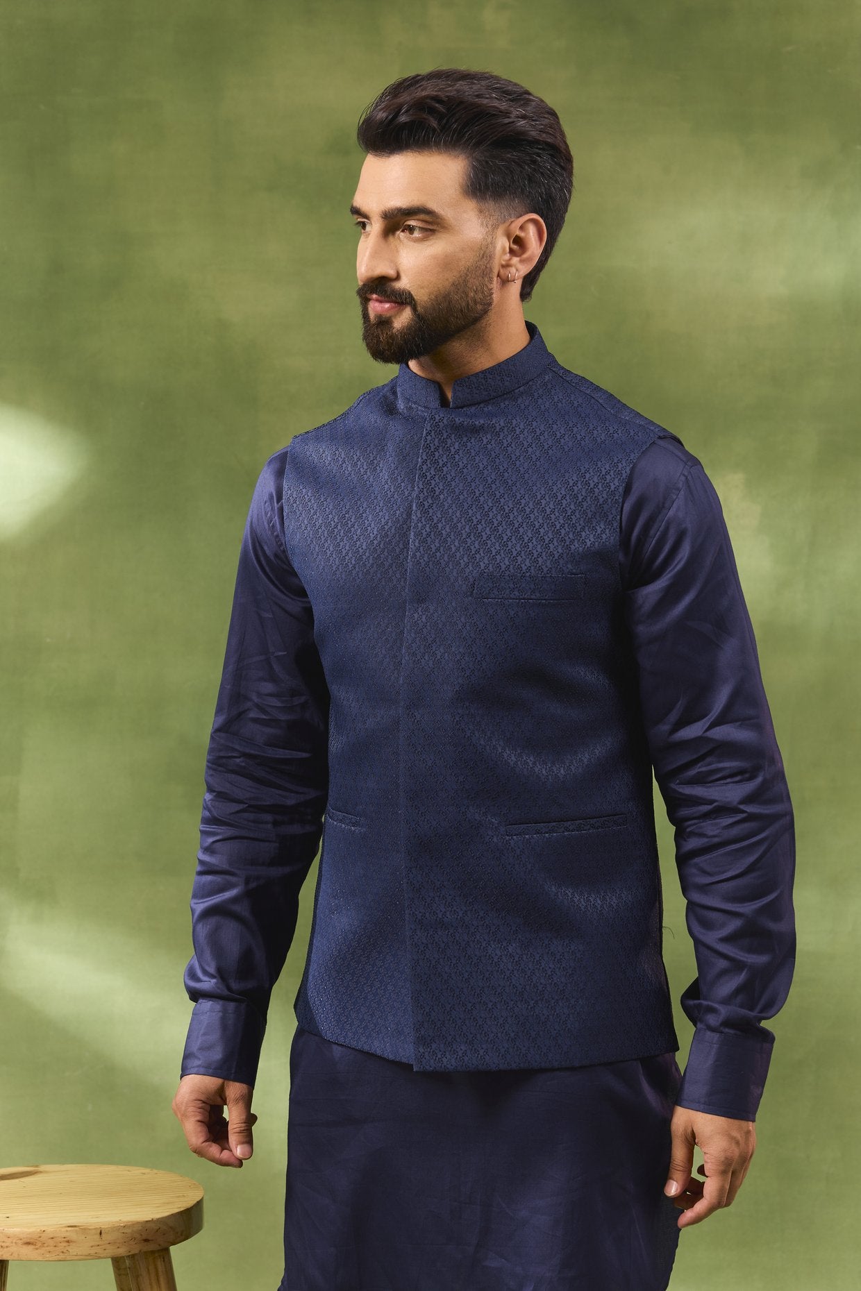 Navy Jacquard Jacket Kurta Set