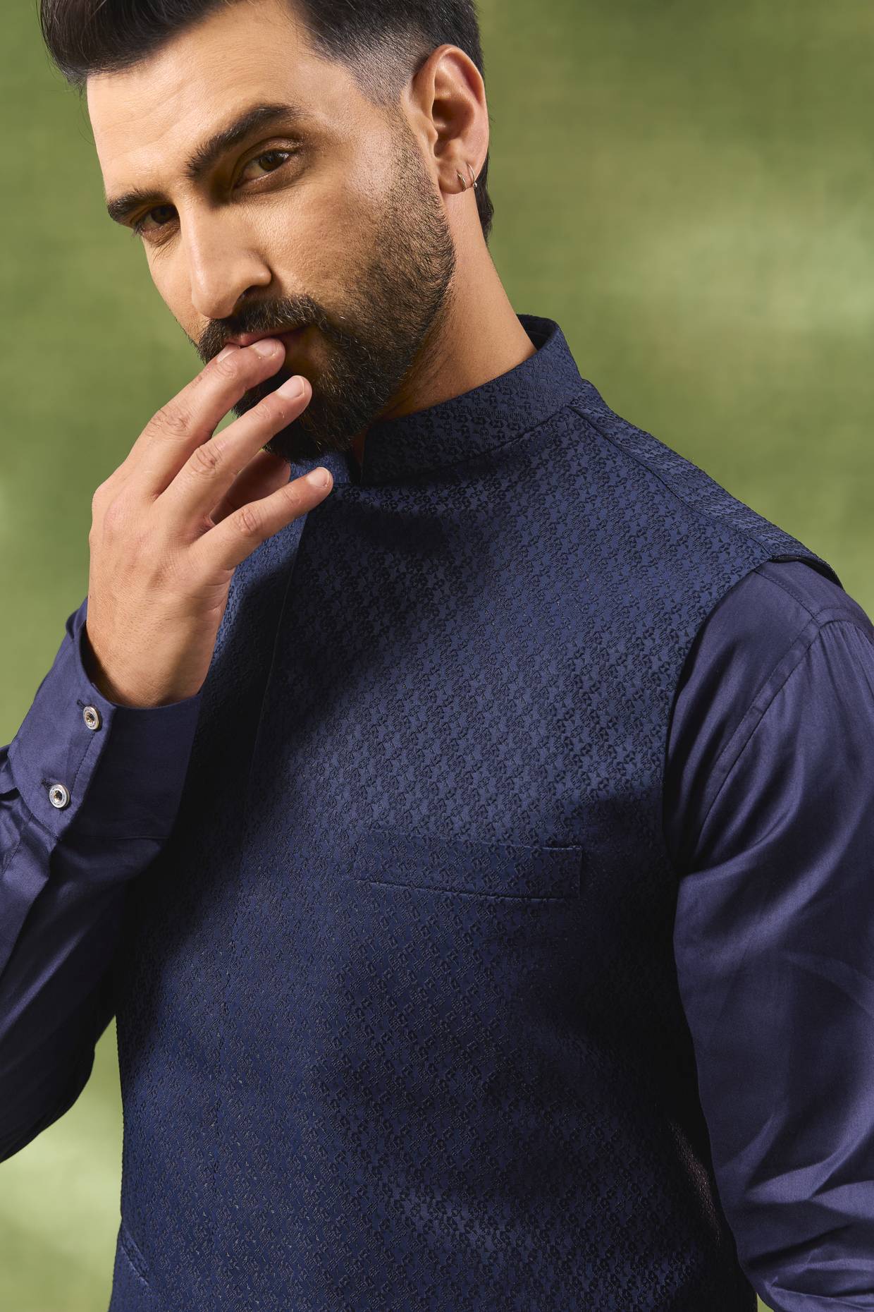 Navy Jacquard Jacket Kurta Set