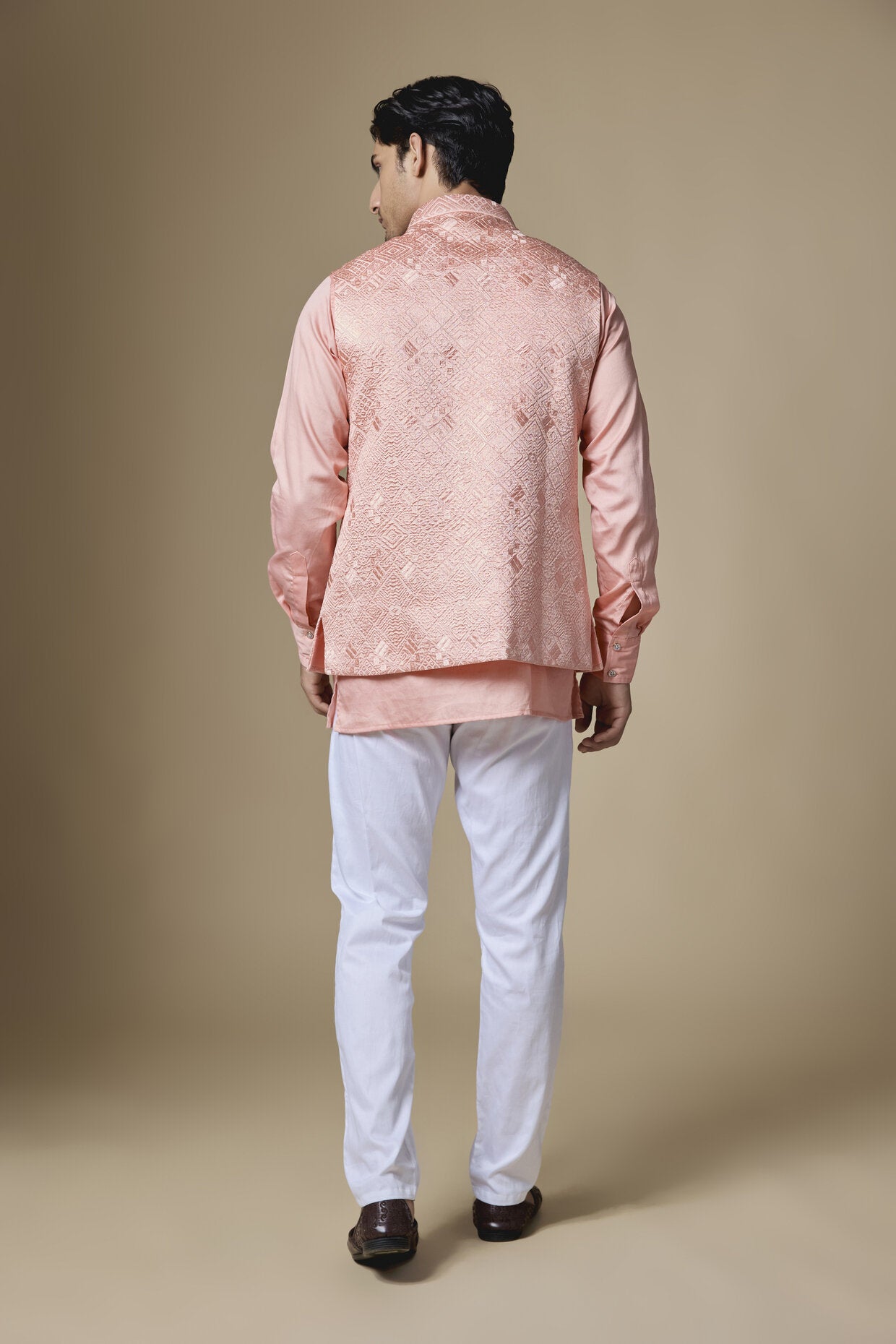 Peach Geometric Embroidered Jacket Kurta Set