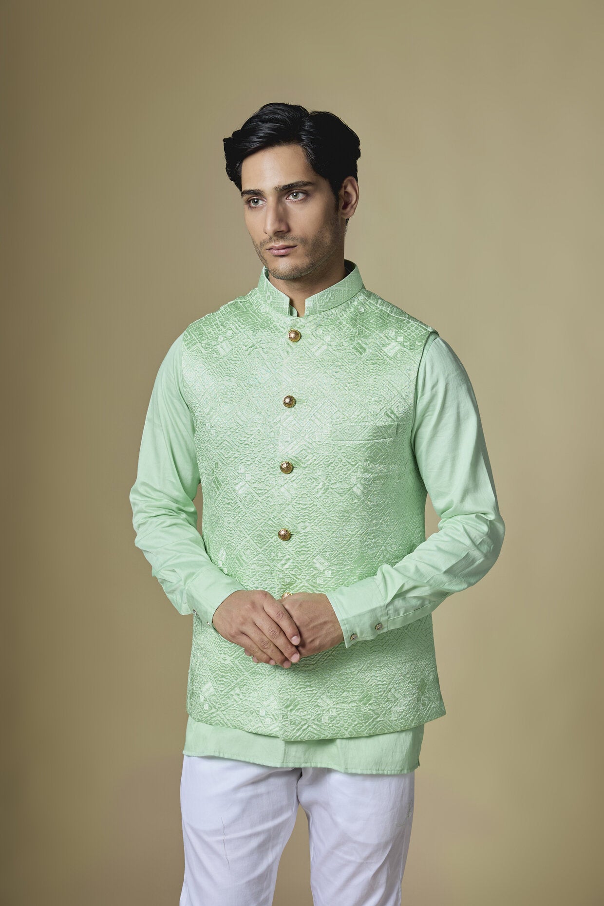 Mint Green Geometric Embroidered Jacket Kurta Set