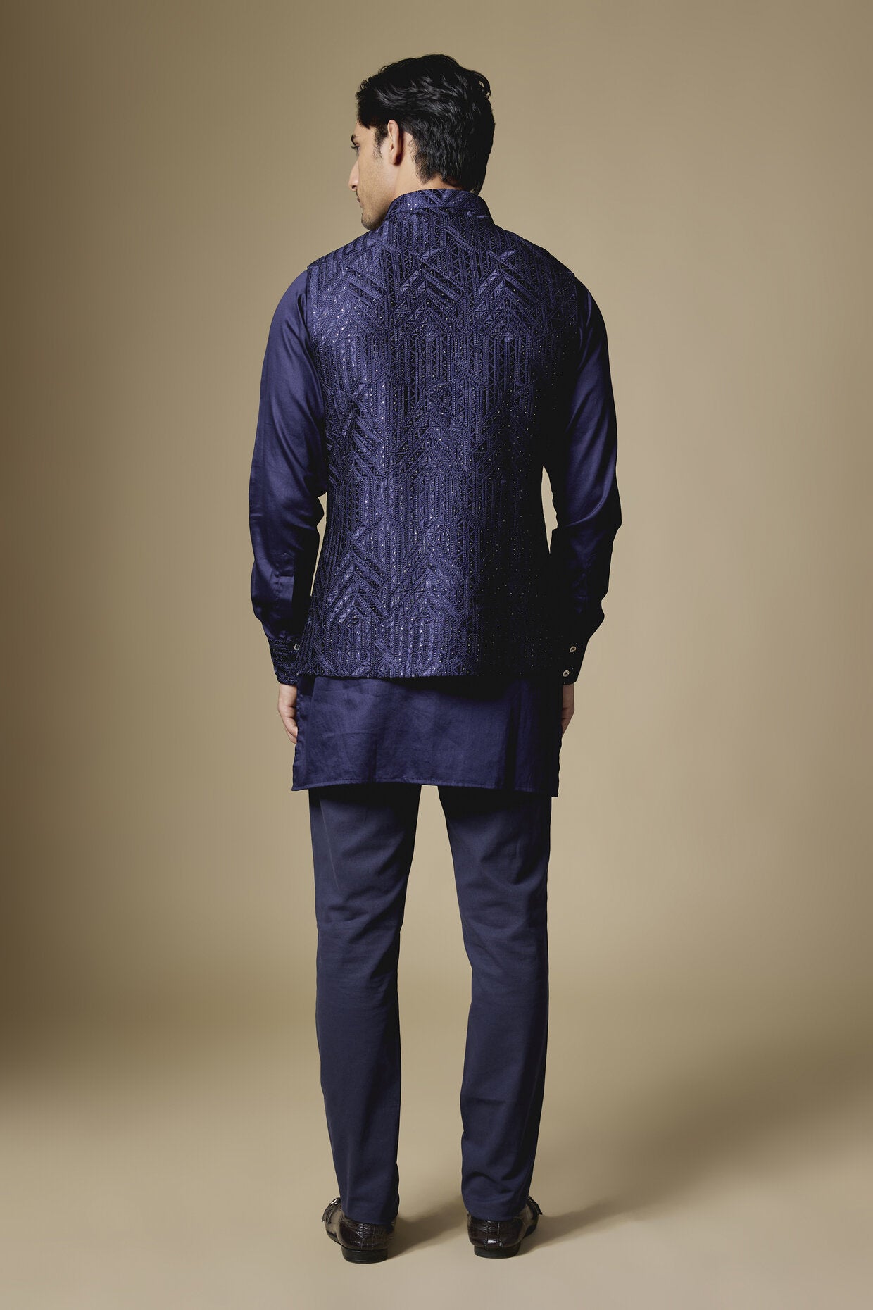 Navy Geometric Embroidered Jacket Kurta Set