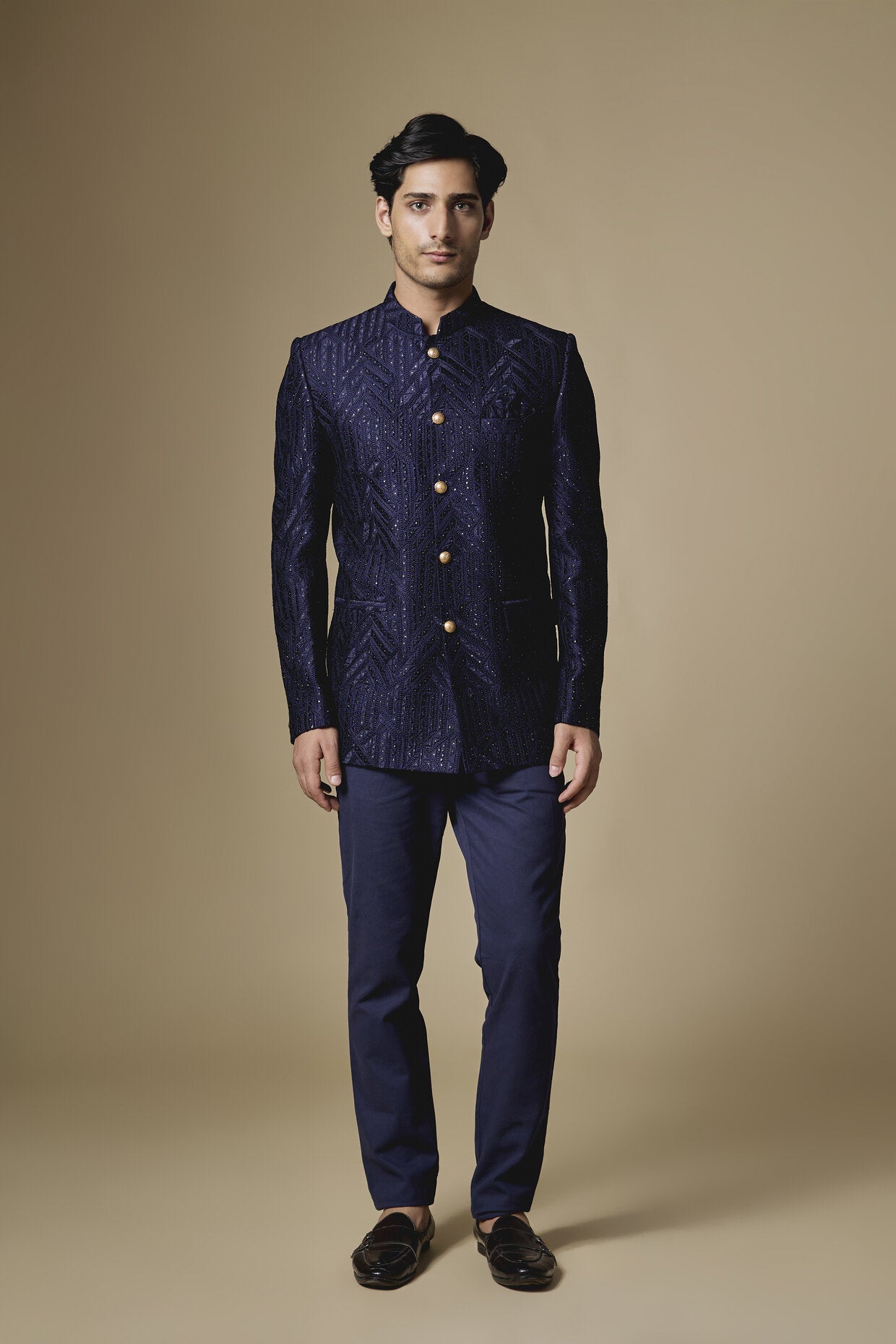 Navy Blue Geometric Embroidered Bandhgala Jacket