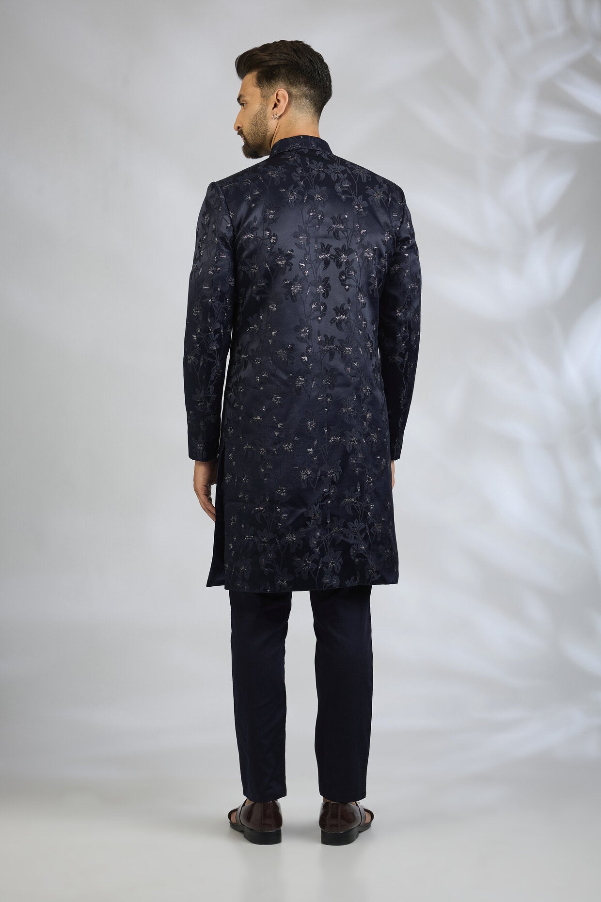 Navy Floral Embroidered Sherwani Set