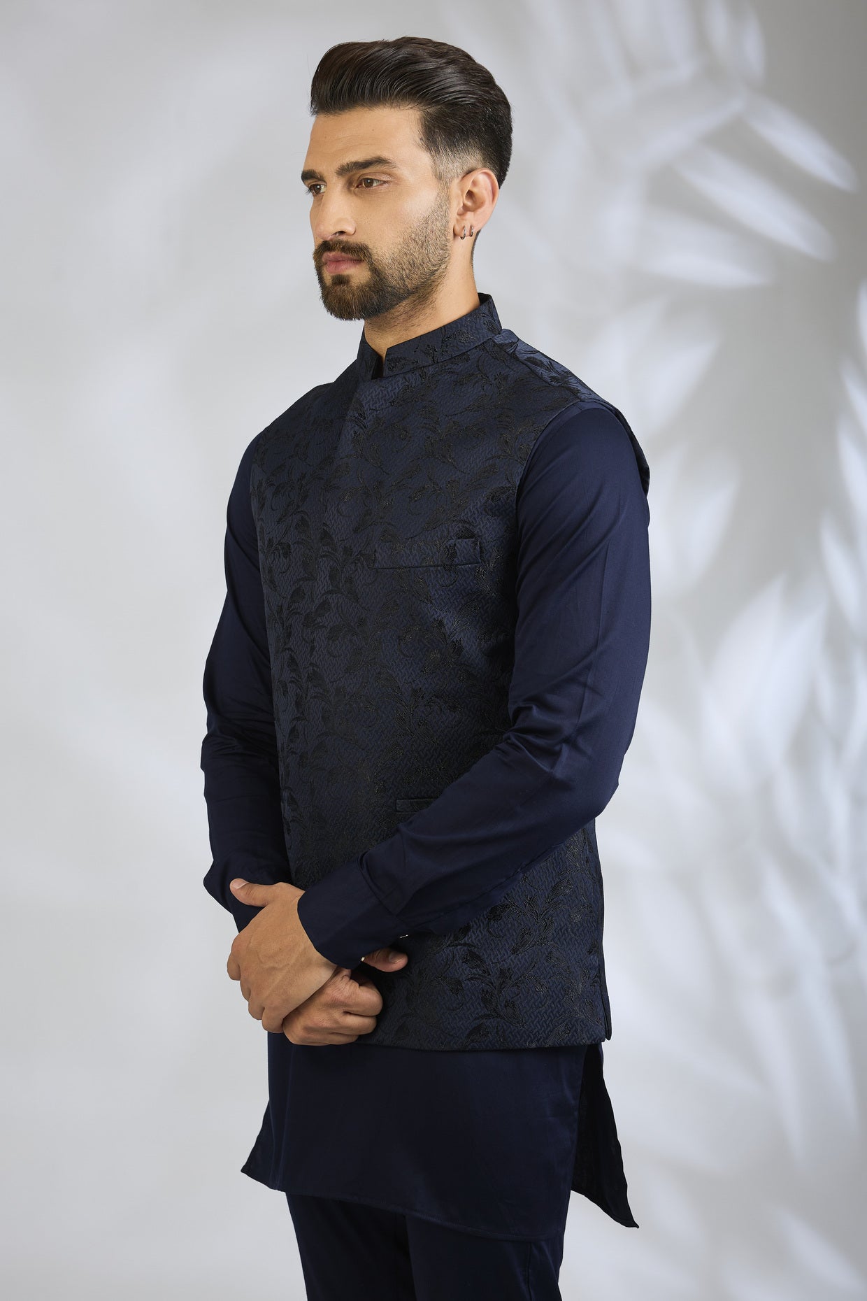 Navy Botanical Embroidered Bundi Jacket Set