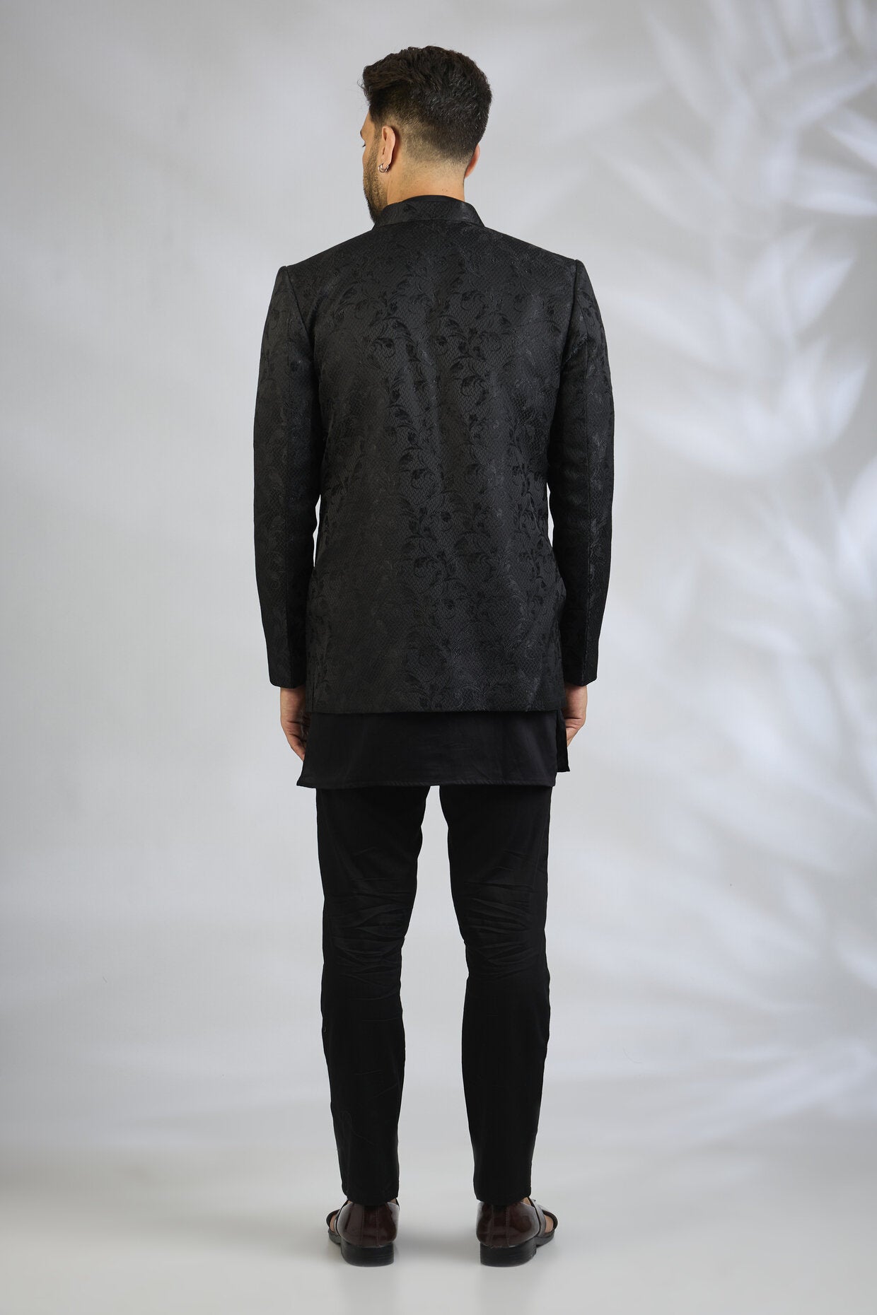 Black Botanical Embroidered Indowestern Set