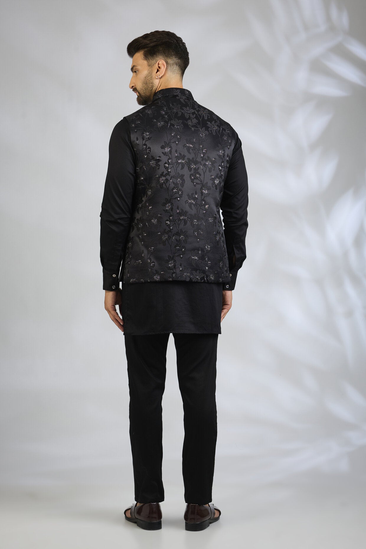Black Floral Embroidered Bundi Jacket Set