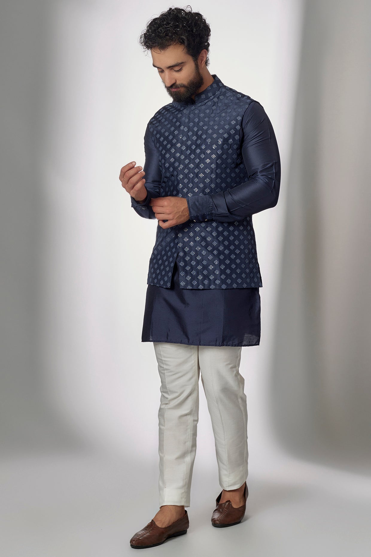 Navy Embroidered Nehru Jacket with Kurta Set - Main Image