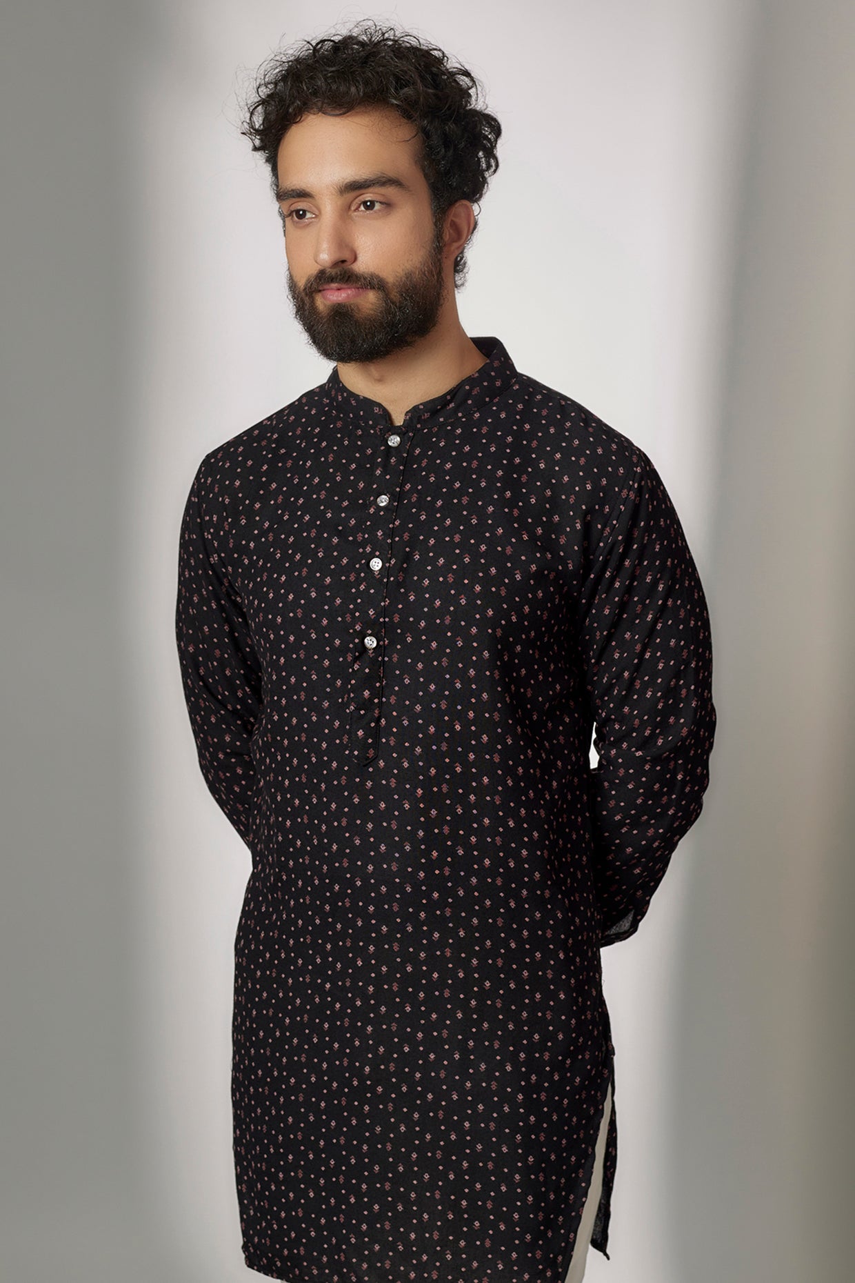 Black Micro Print Kurta Set - Spring Break