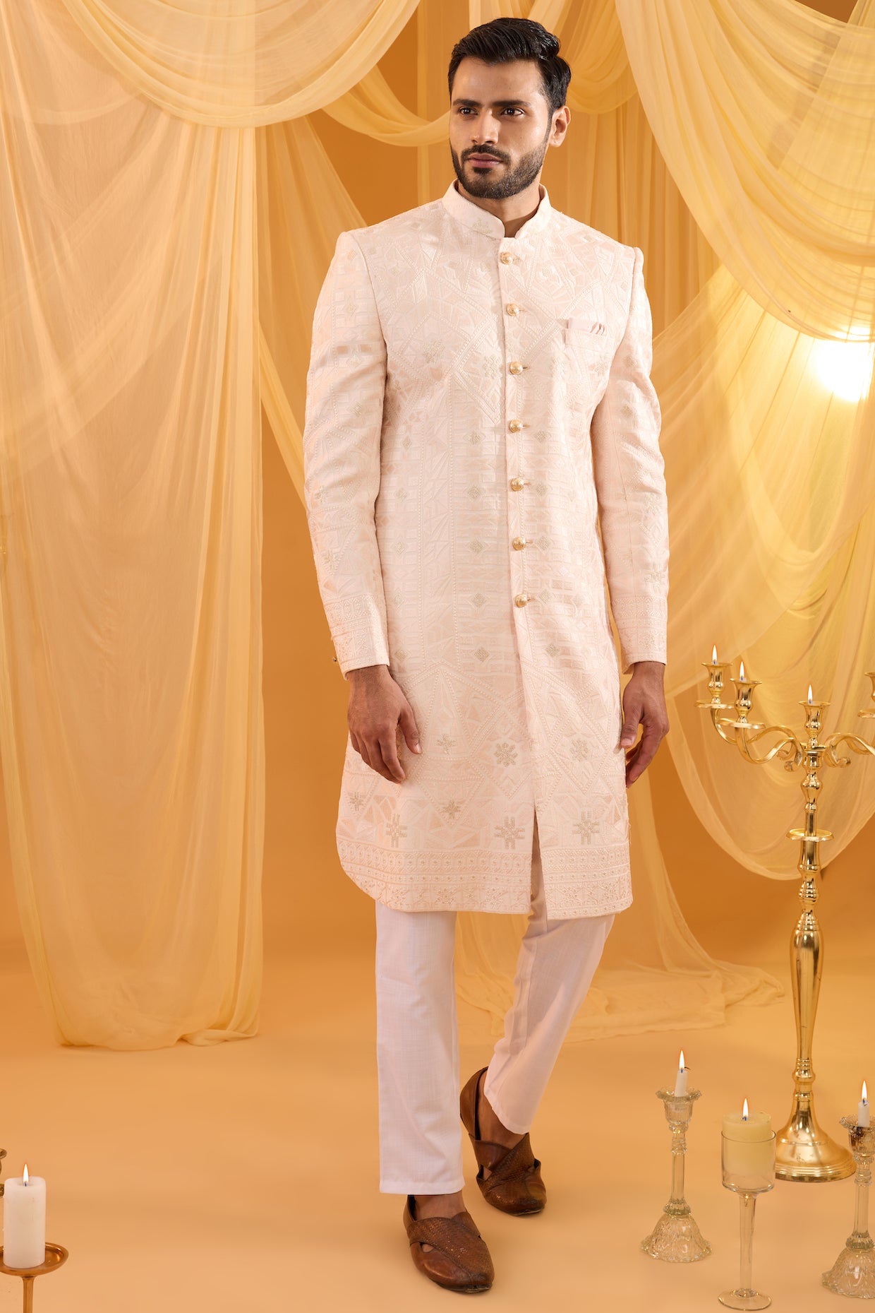 Pale Pink Lucknowi Embroidered Sherwani Set