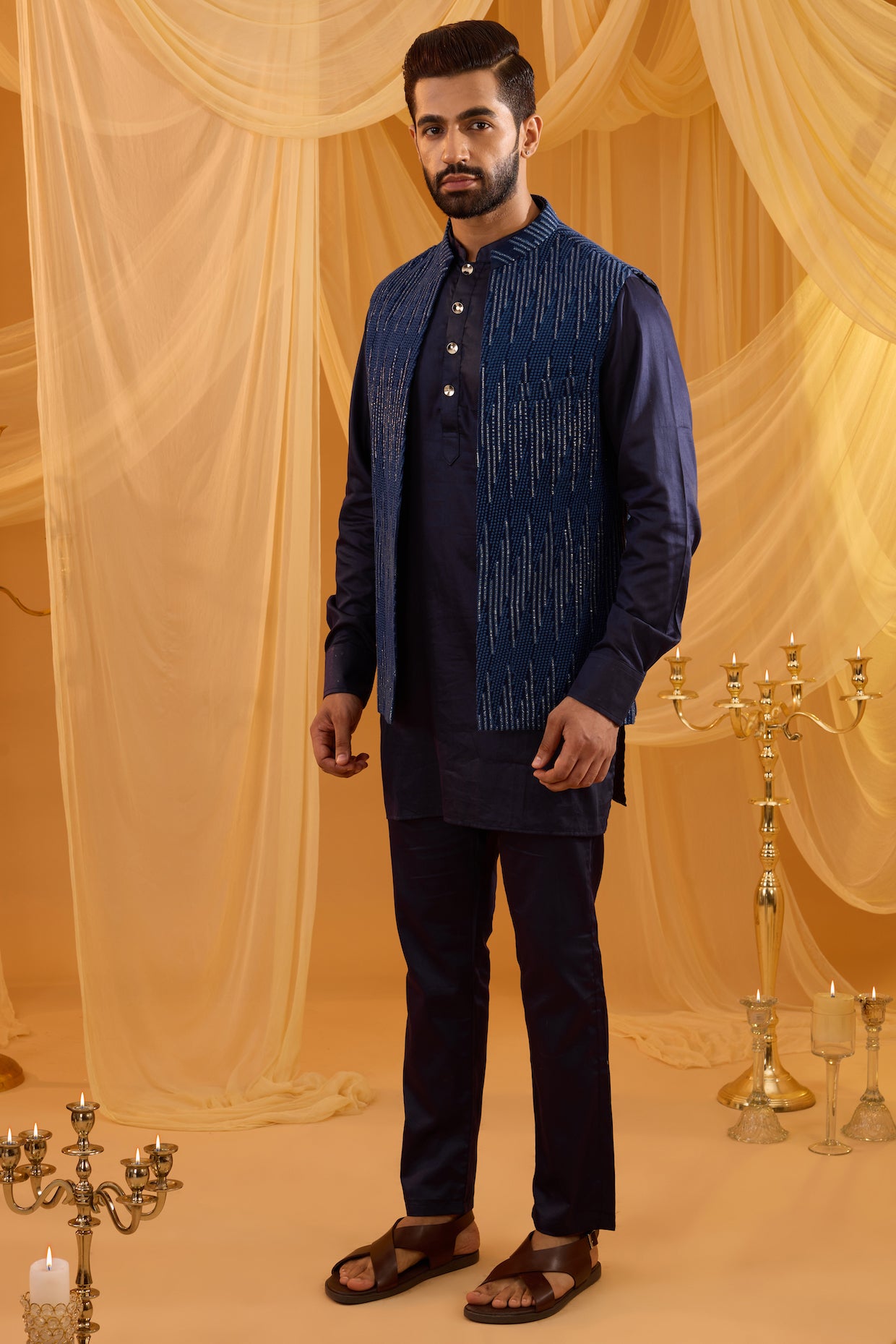 Navy Blue Sequin Embroidered Indo Western Set
