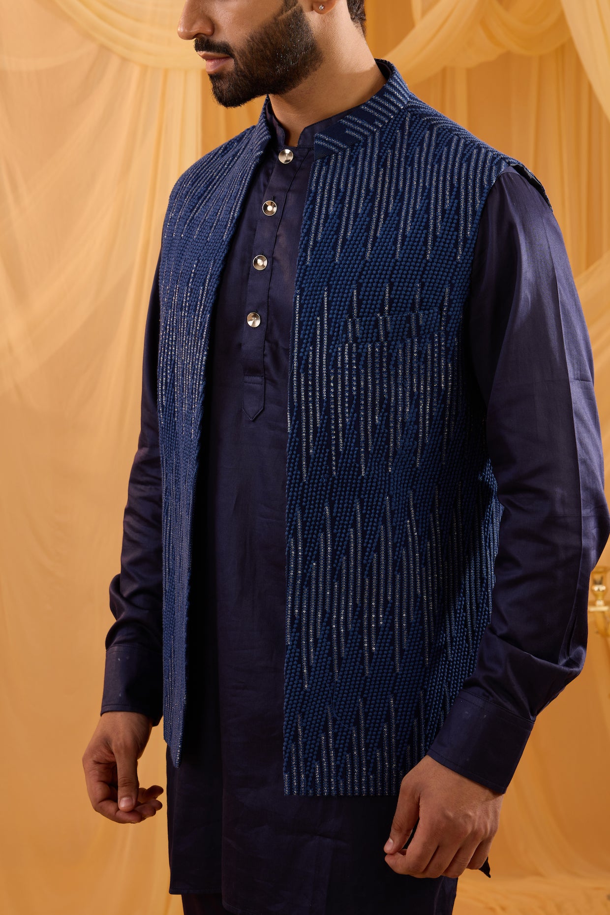 Navy Blue Sequin Embroidered Indo Western Set