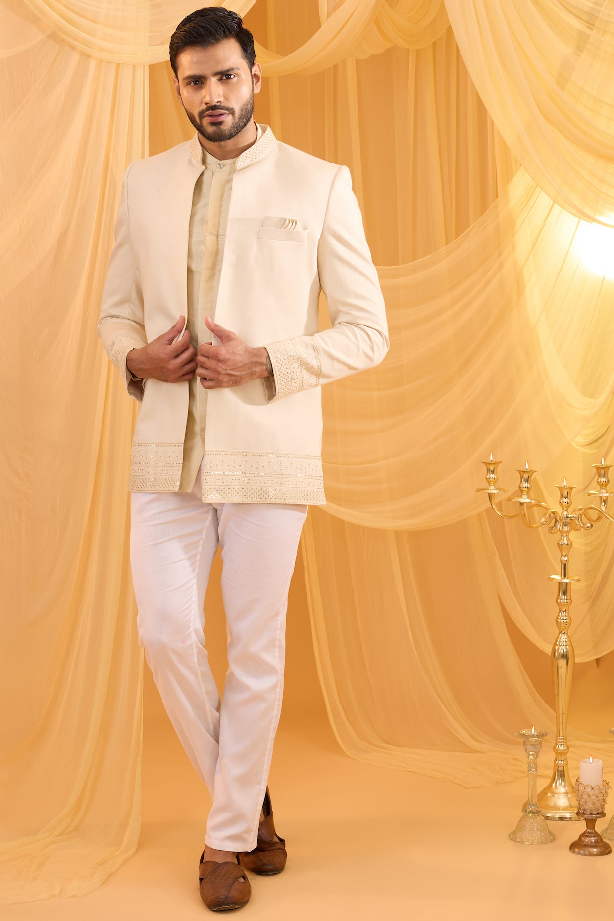 Cream Embroidered Indowestern Set