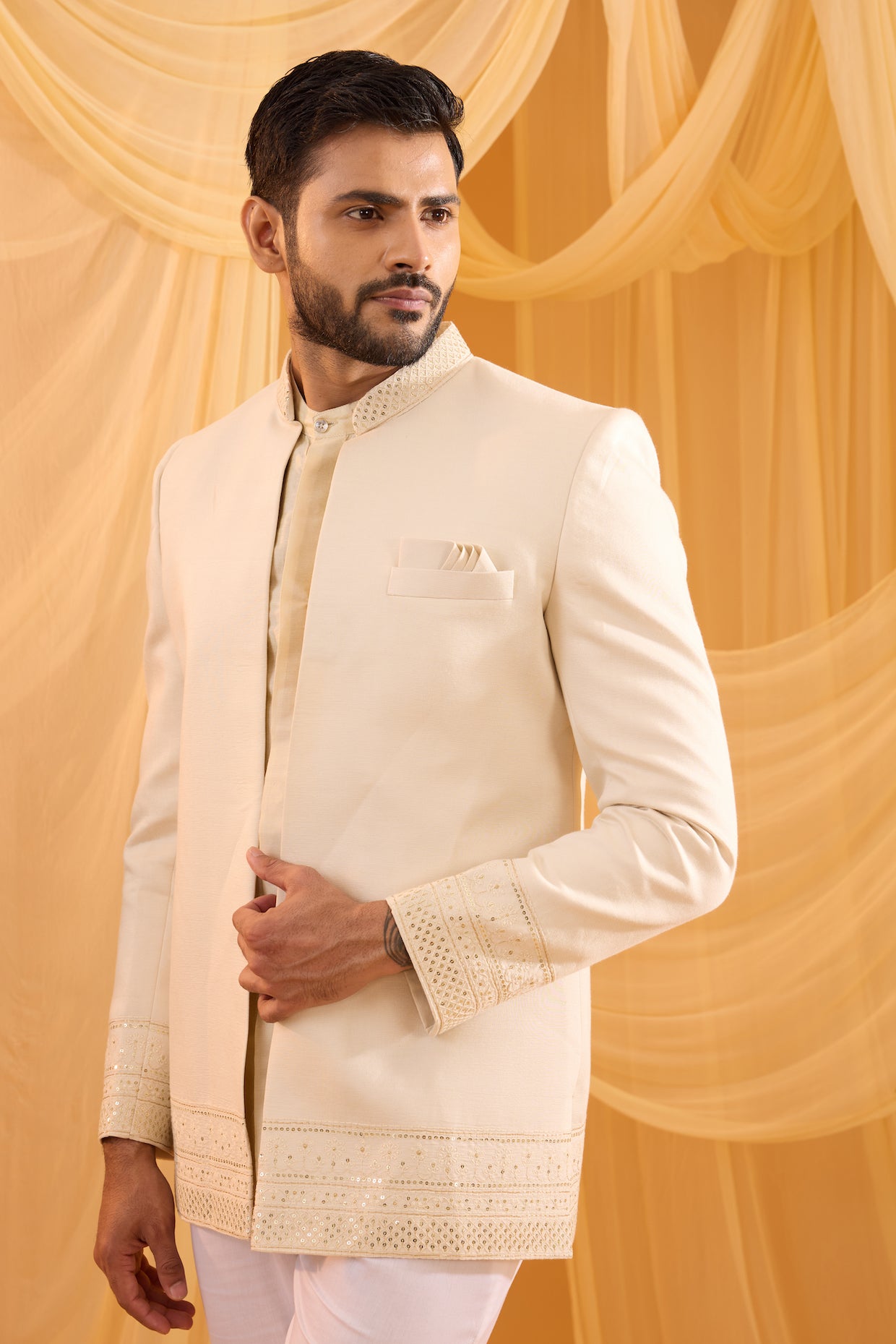Cream Embroidered Indowestern Set
