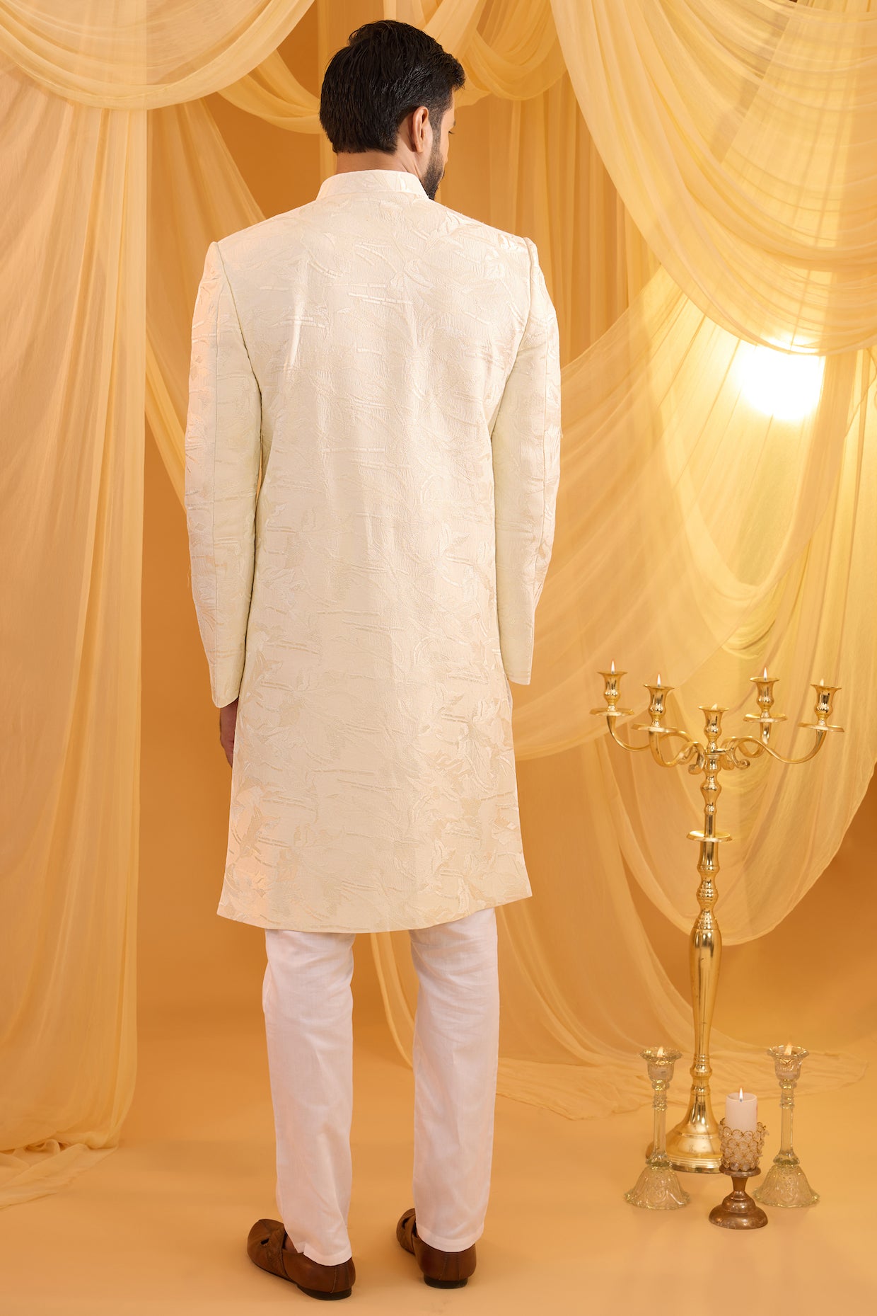 White Floral Embroidered Sherwani Set