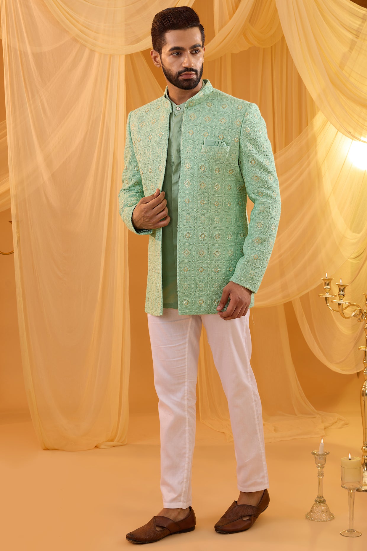 Mint Green Embroidered Open Jacket Kurta Set