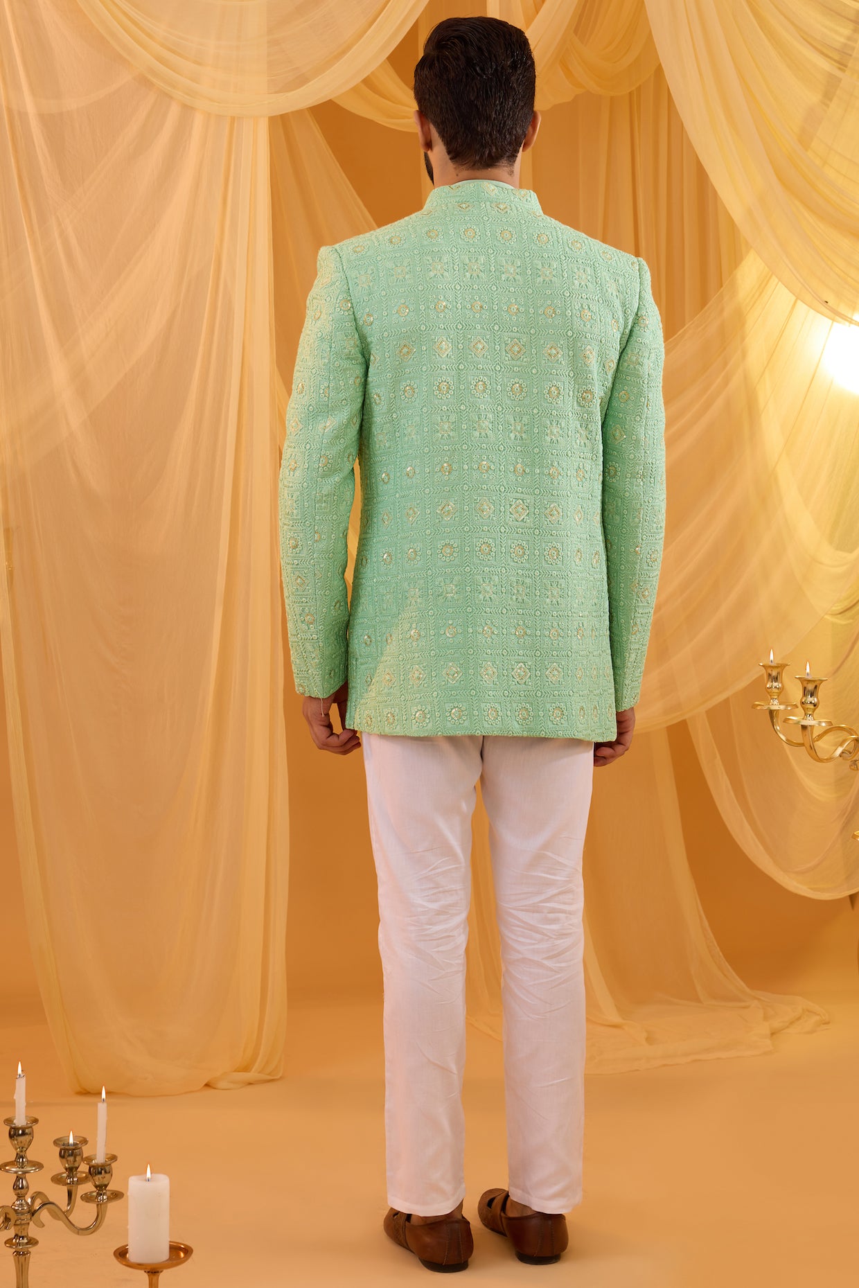 Mint Green Embroidered Open Jacket Kurta Set