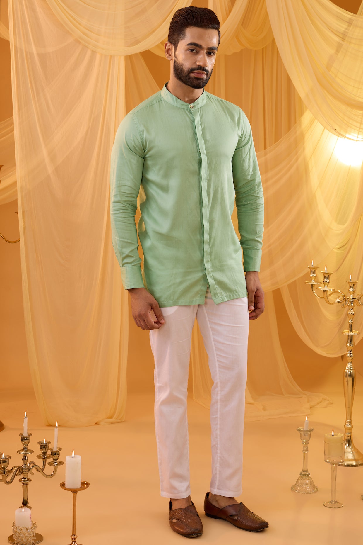 Mint Green Embroidered Open Jacket Kurta Set
